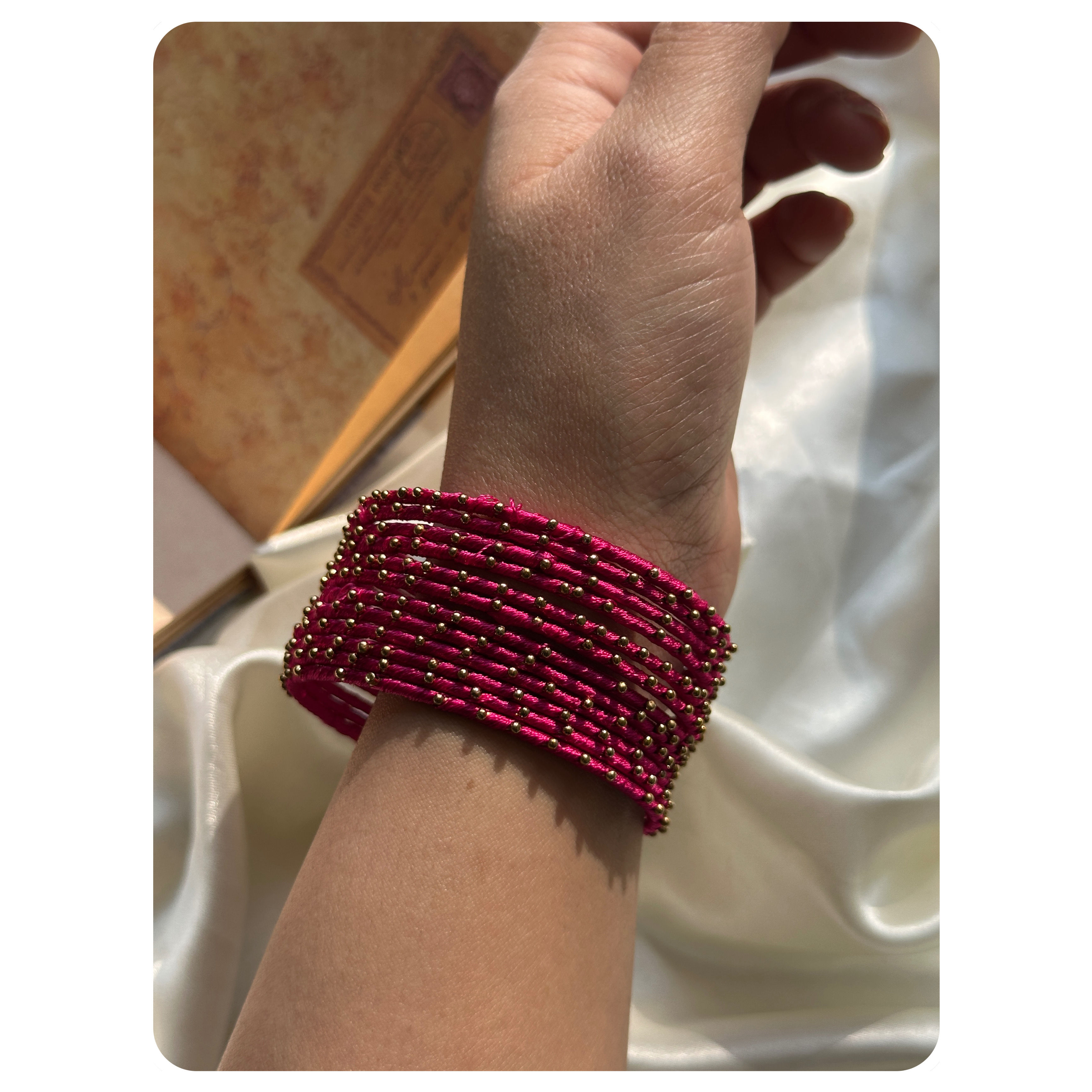 Rani Pink Thread and Gold Beaded Bangle Set (12 pieces) Size- 2.6