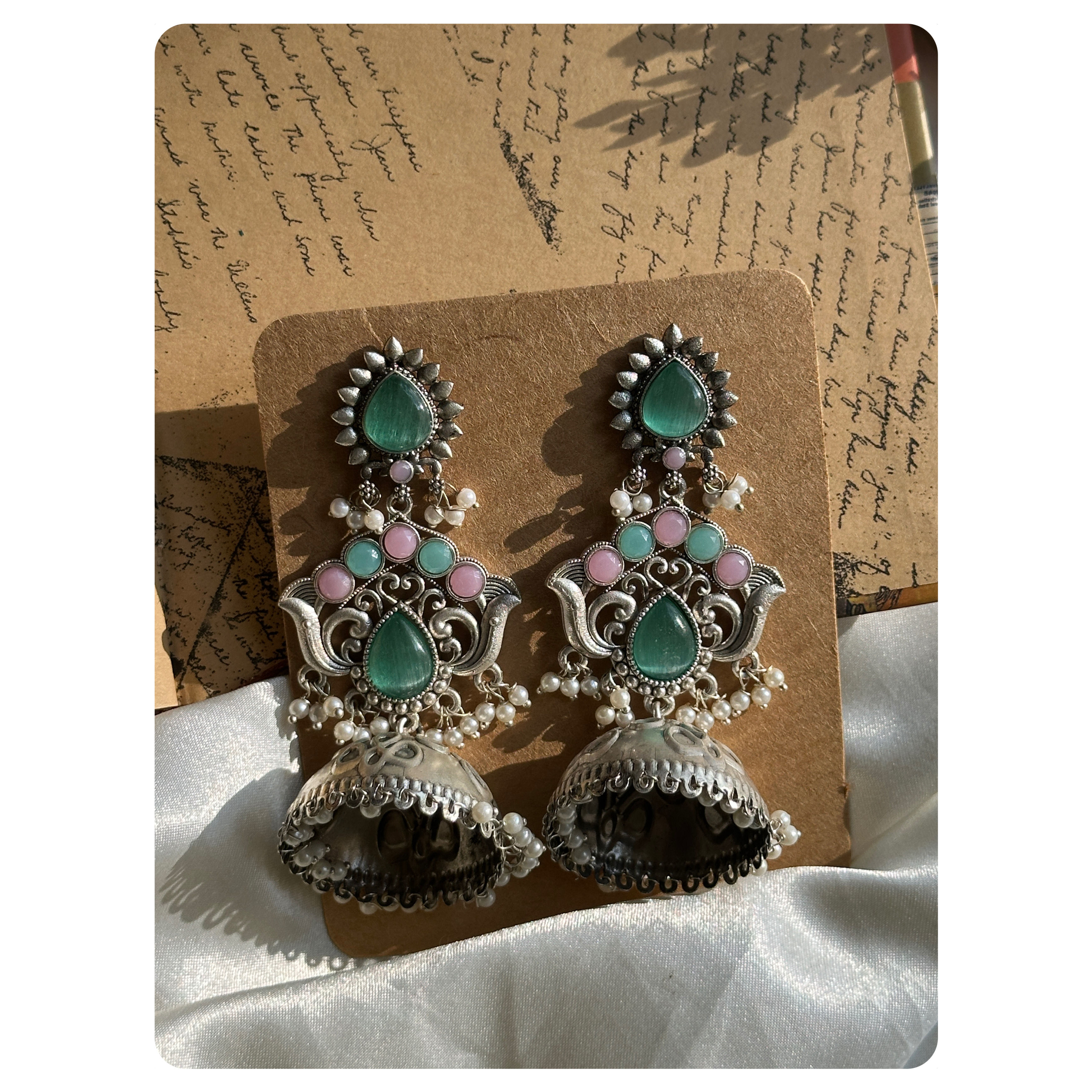 Silver Oxidised Mint and Pink Stone Long Jhumkas