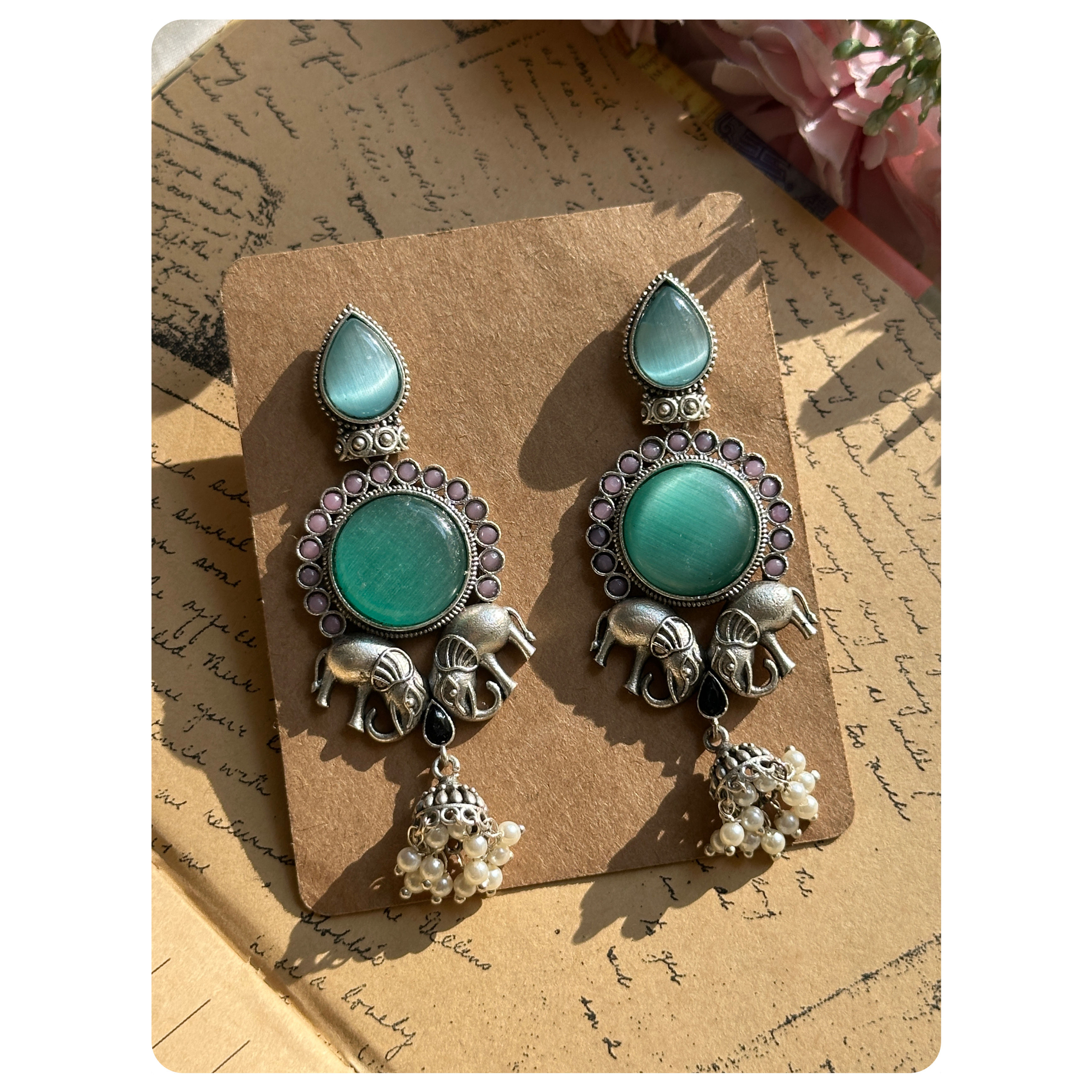 Silver Oxidised Mint Monalisa Elephant Motif Jhumkas
