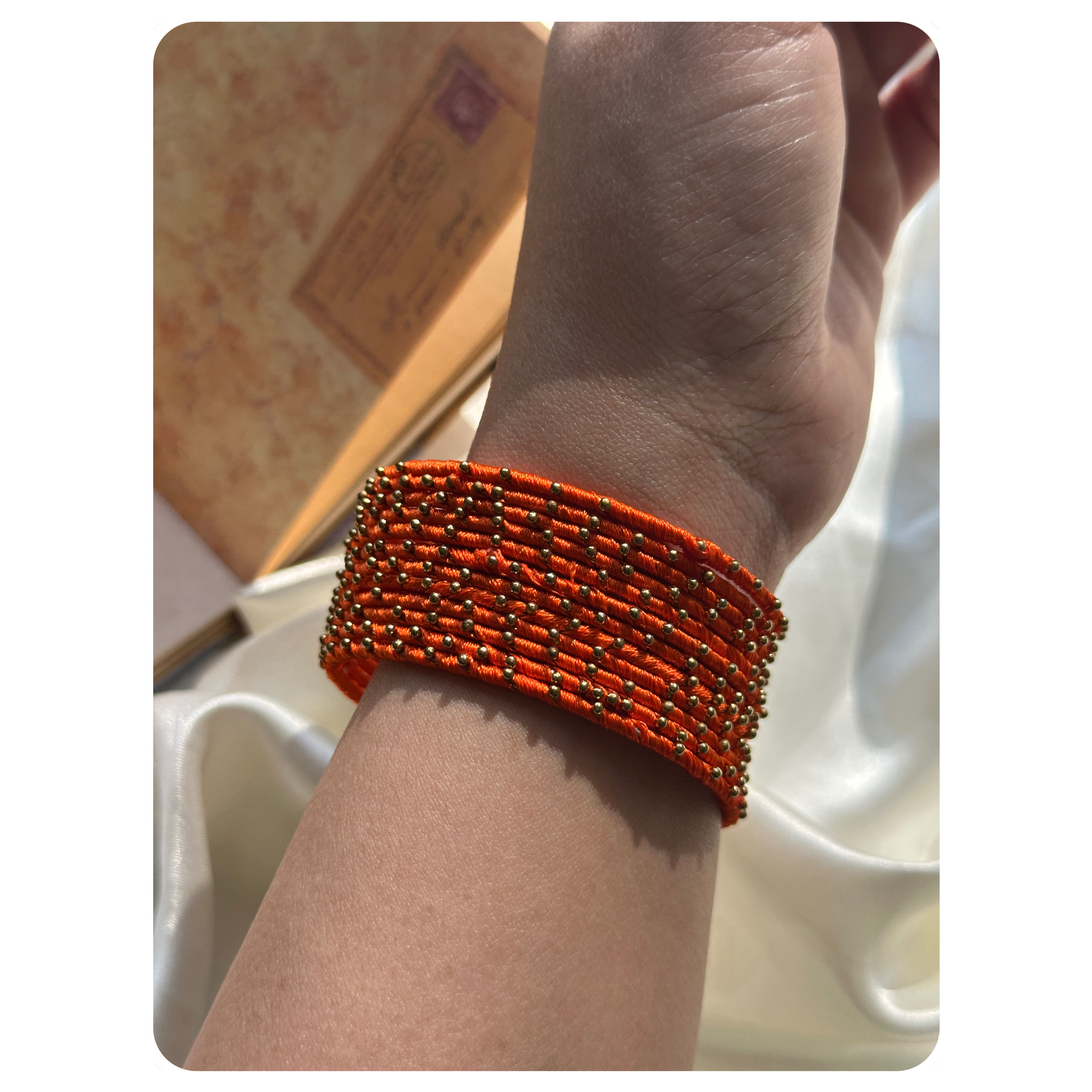 Orange Thread and Gold Beaded Bangle Set (12 pieces) Size- 2.6