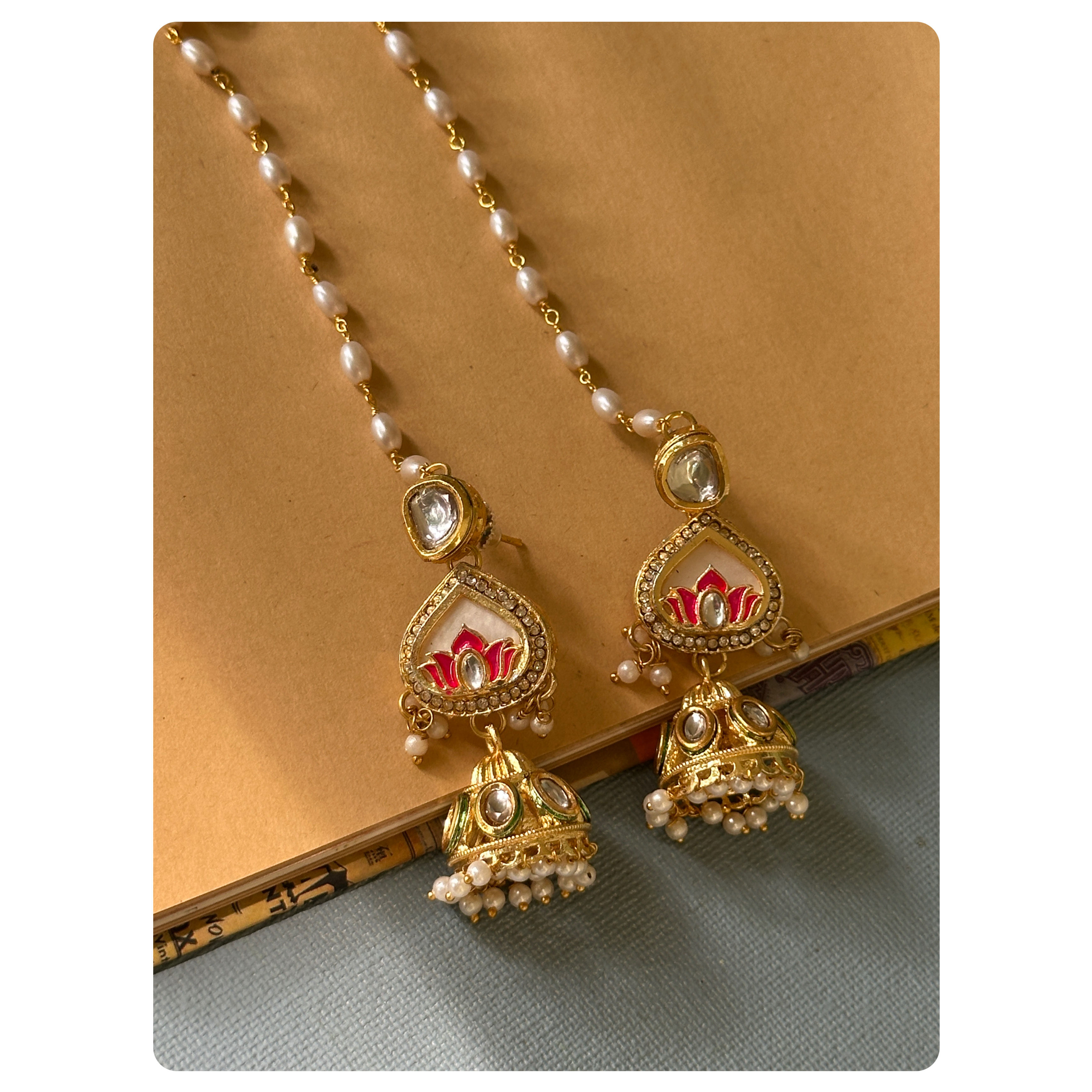 Gold Toned Pink Enamelled Lotus Kundan Kaanchain Jhumka