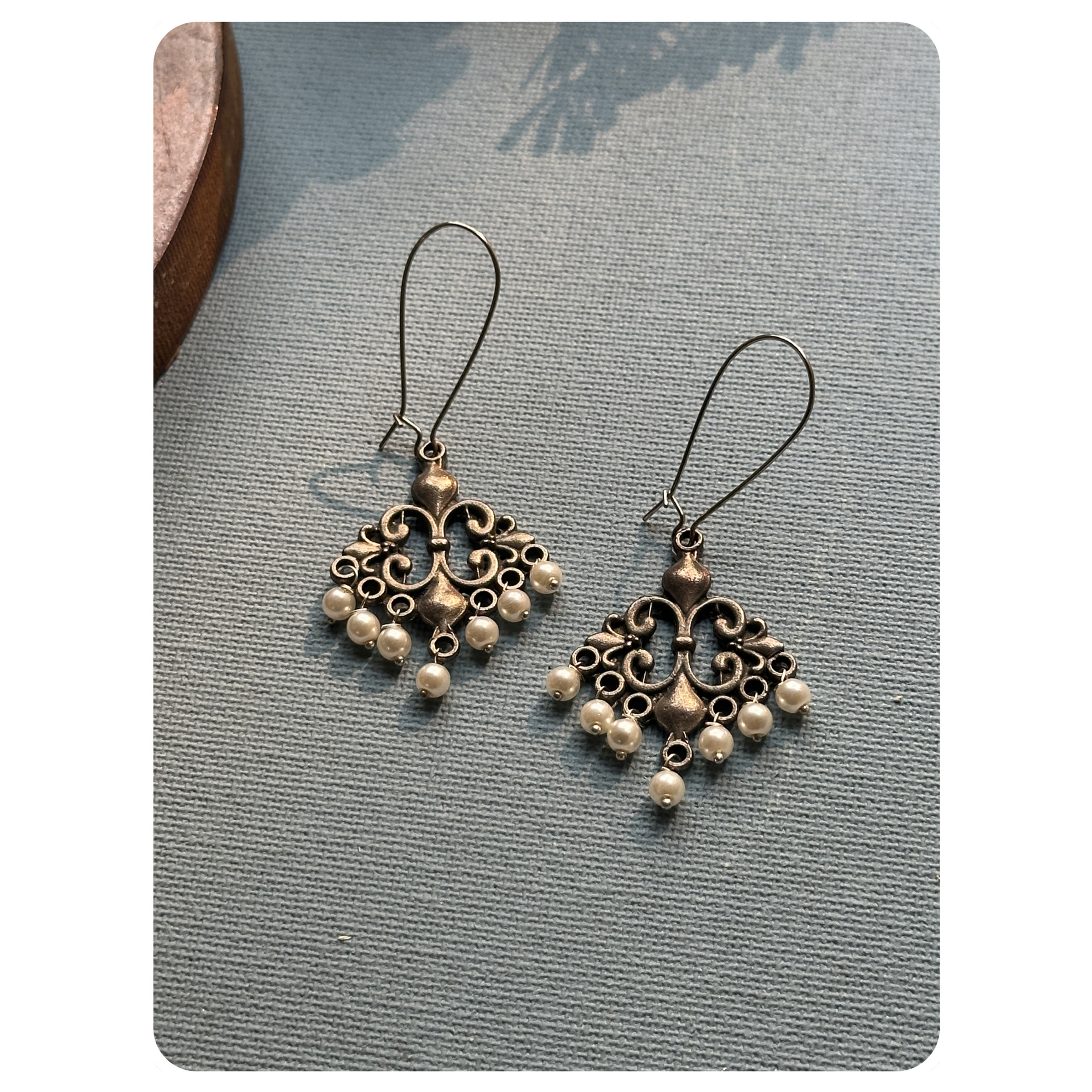 Black Oxidised Long Hook Pearl Earrings