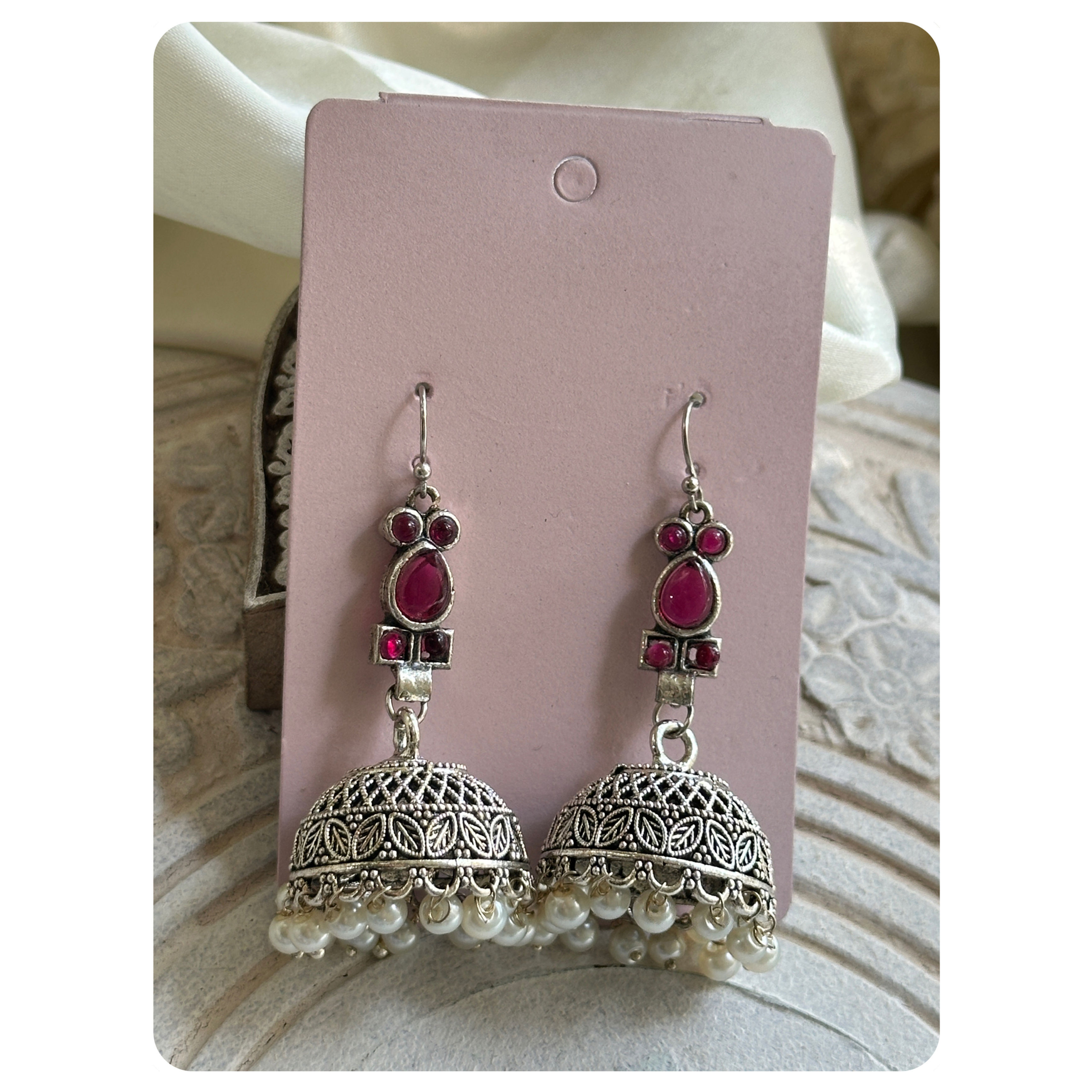 Silver Toned Dark Pink Stone Tear Drop Hook Jhumkas