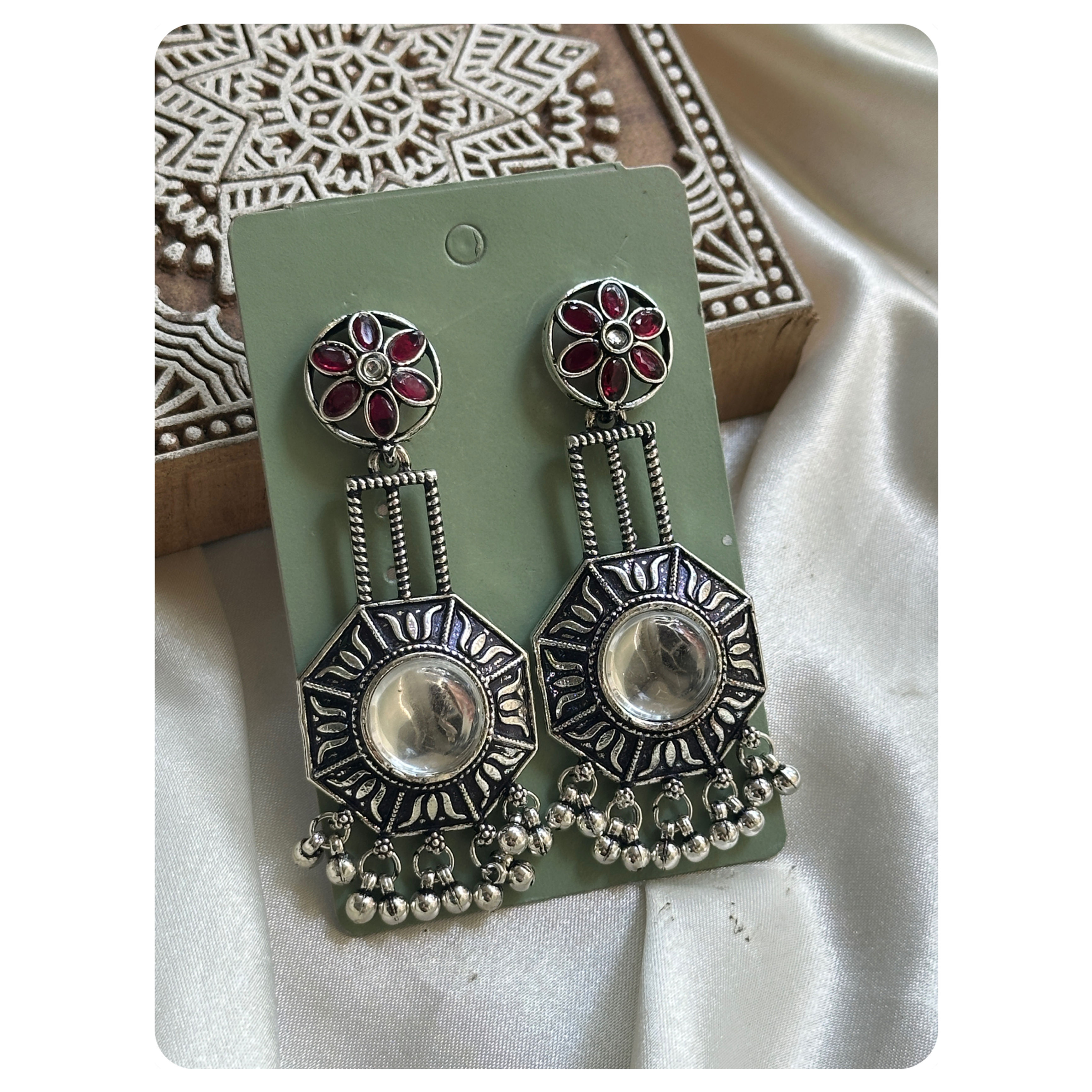 Silver Toned Pink Stone and White Stone Embellished Long Earrings