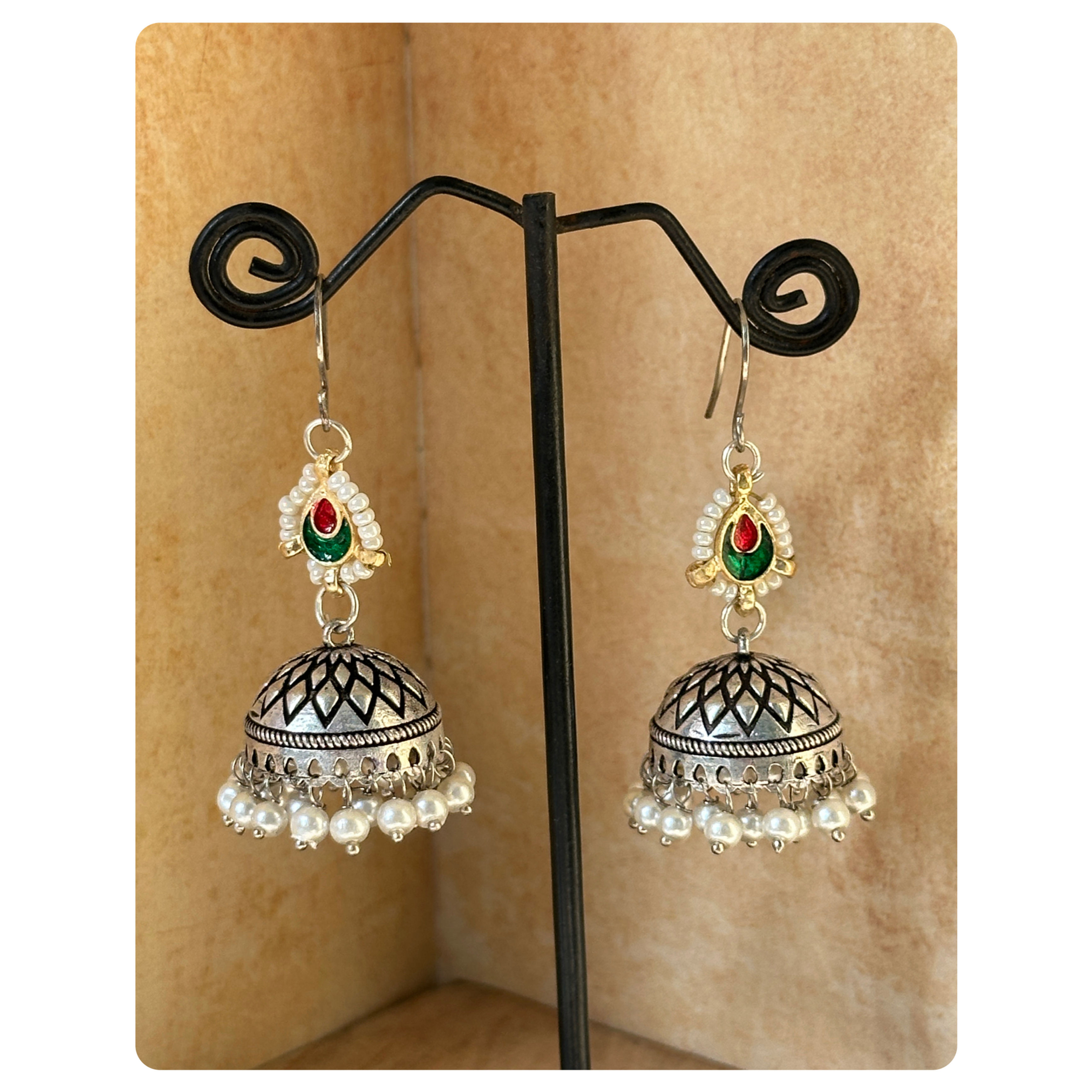 Silver Toned Red and Meenakari Jhumka