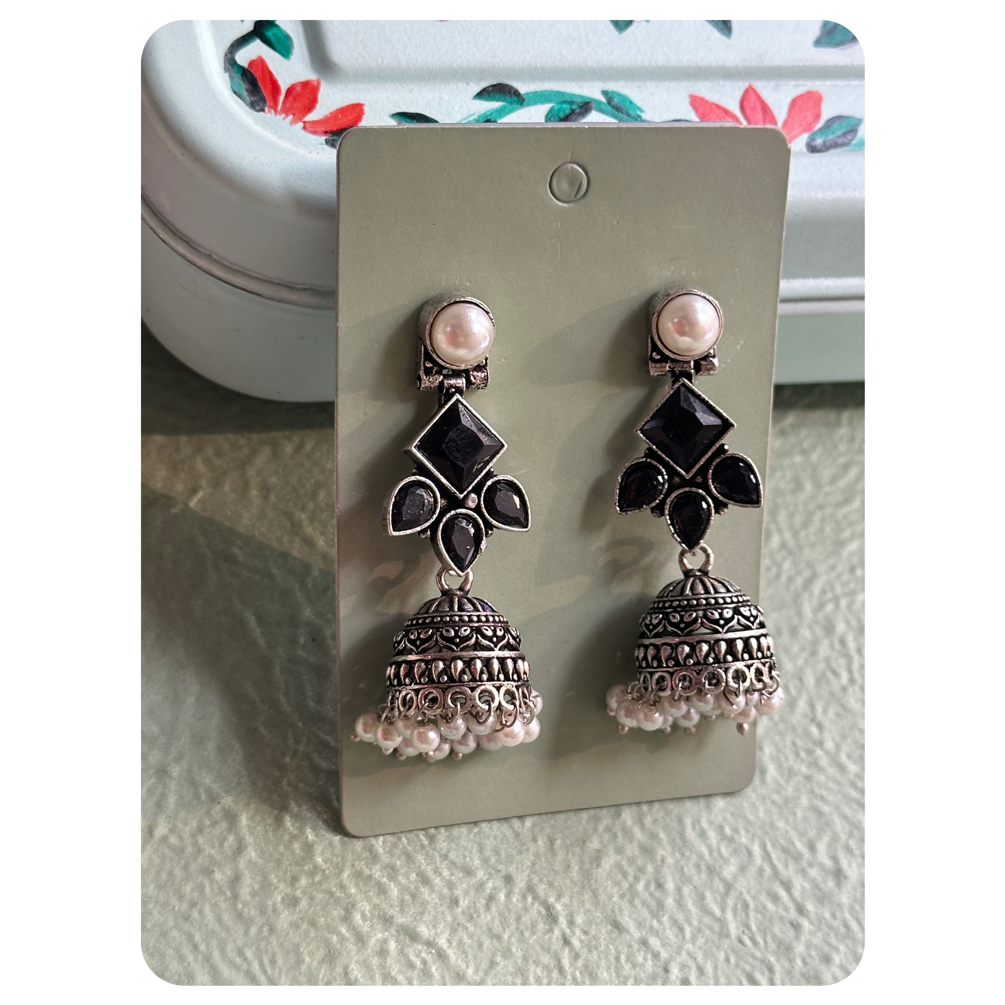 Silver Toned Black Stone Pearl Stud Jhumka