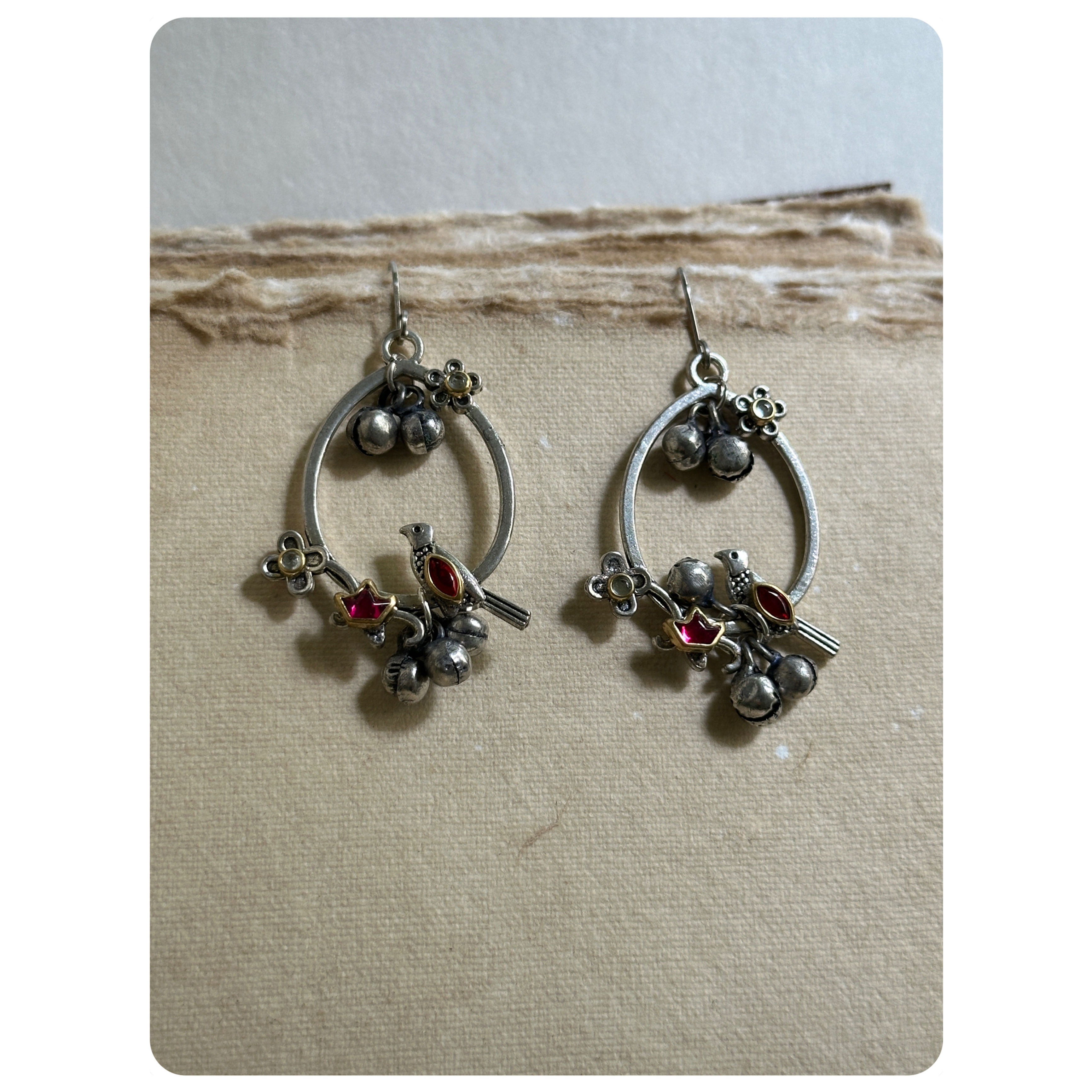 Silver Toned Pink Stone Embellished Ghungroo Bird Earrings