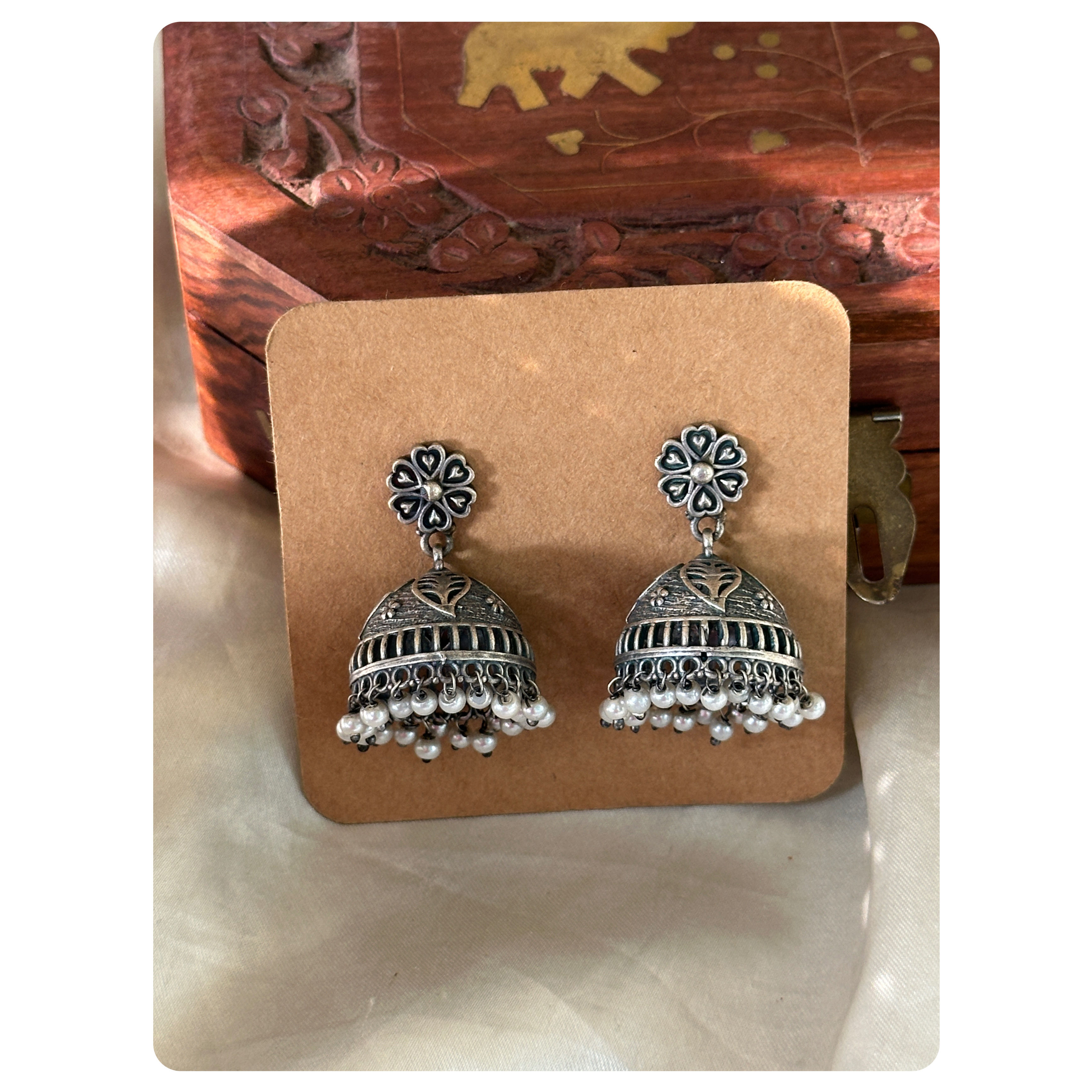 Silver Oxidised Floral Studded Pearl Jhumka