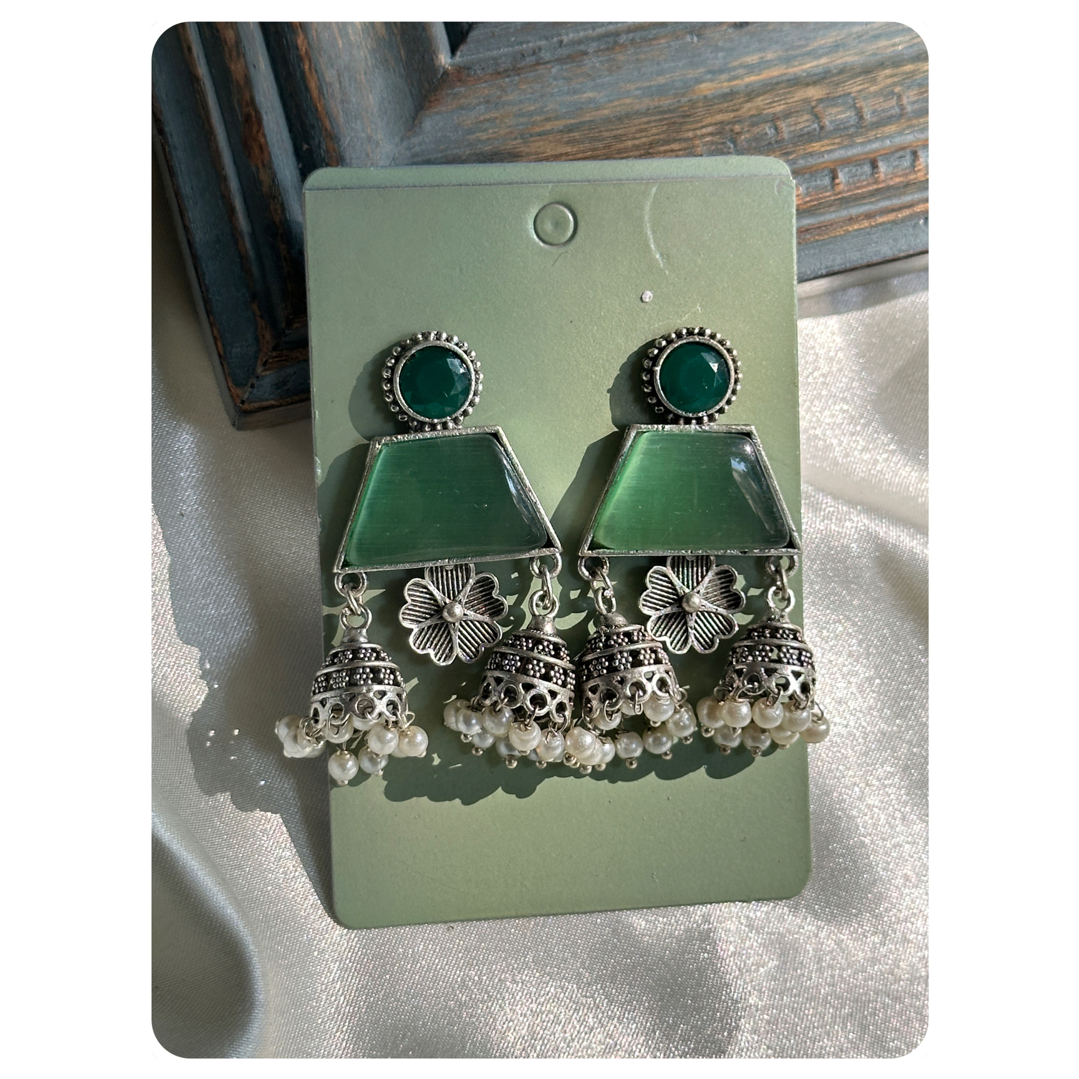 Silver Oxidised Mint Monalisa Stone Dual Jhumkas