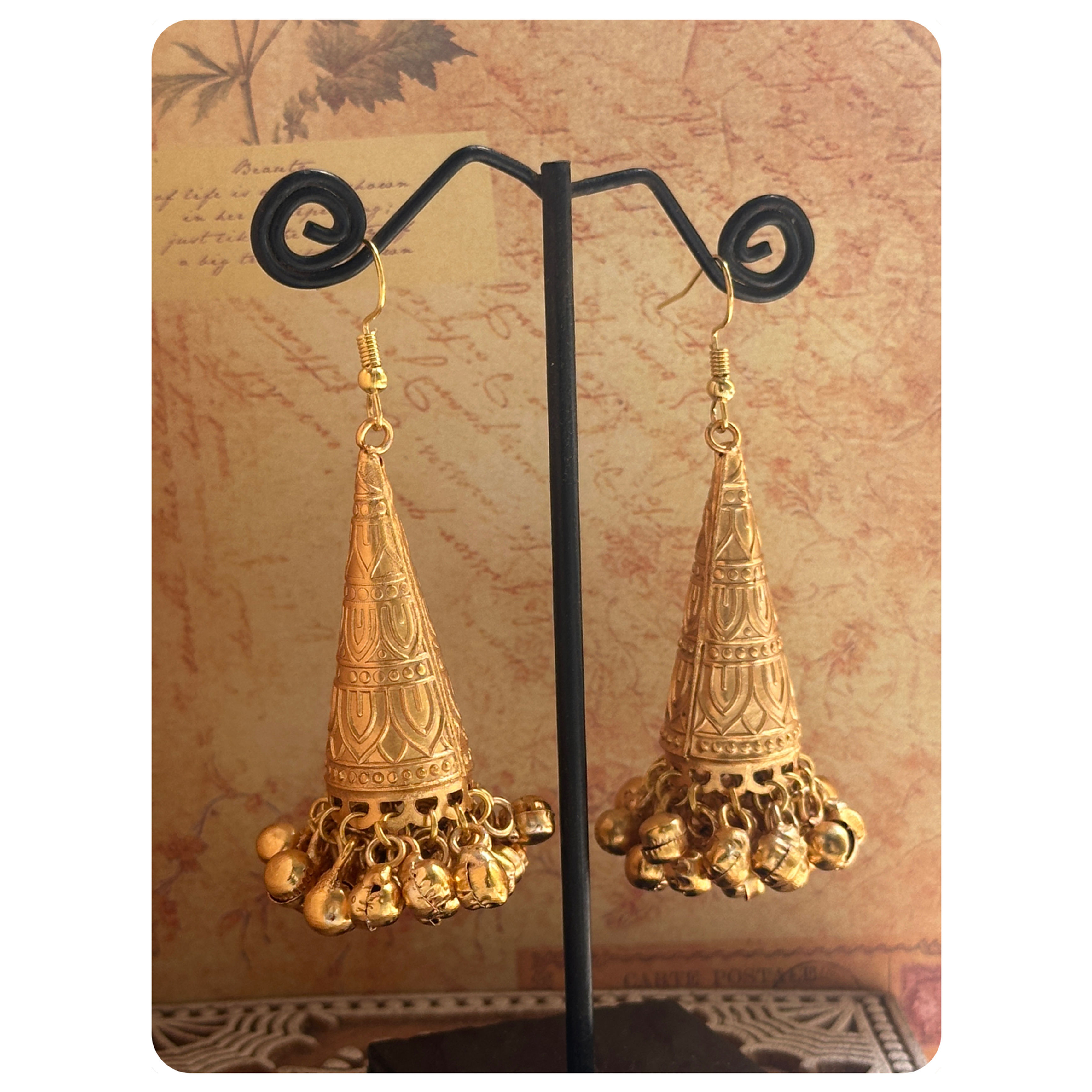 Gold Toned Long Cone Ghungroo Jhumkas 