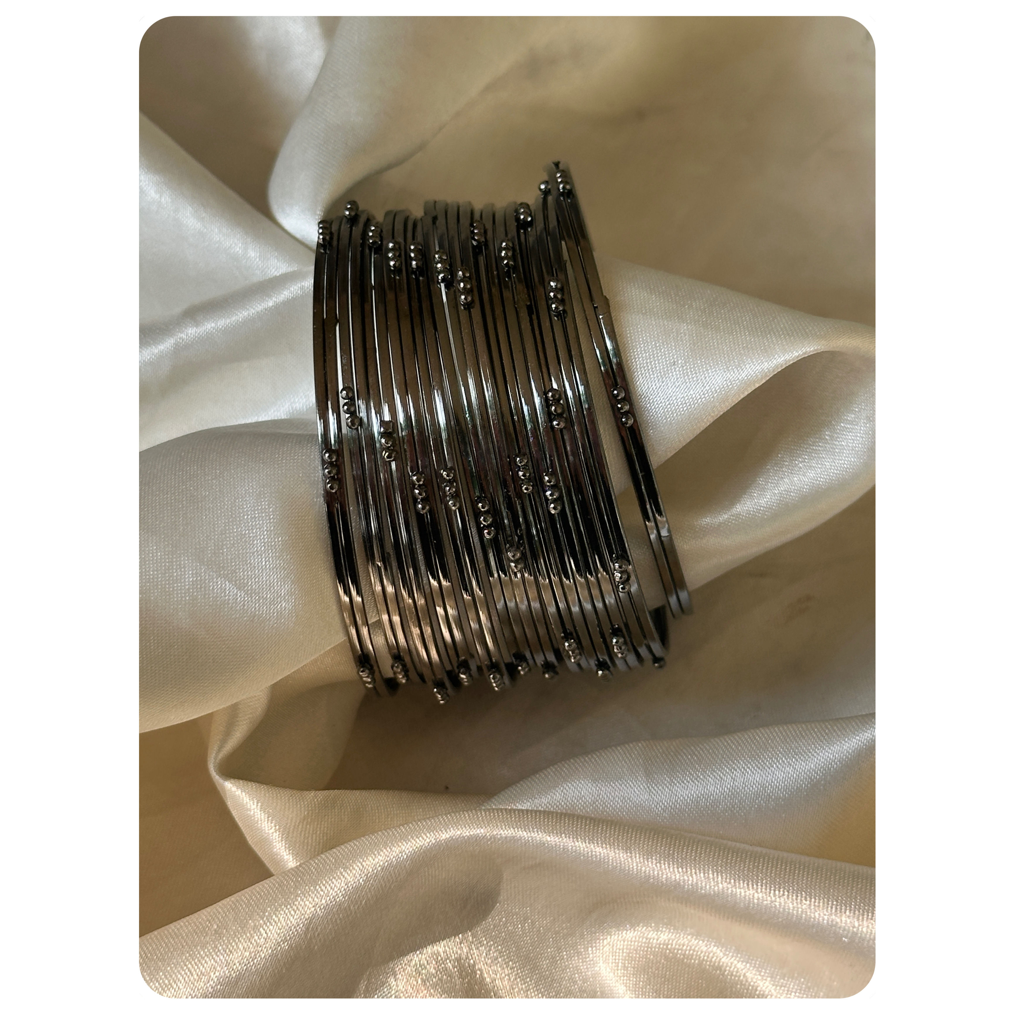 Black Metal Beaded Bangle Set (12 pieces) Size- 2.8