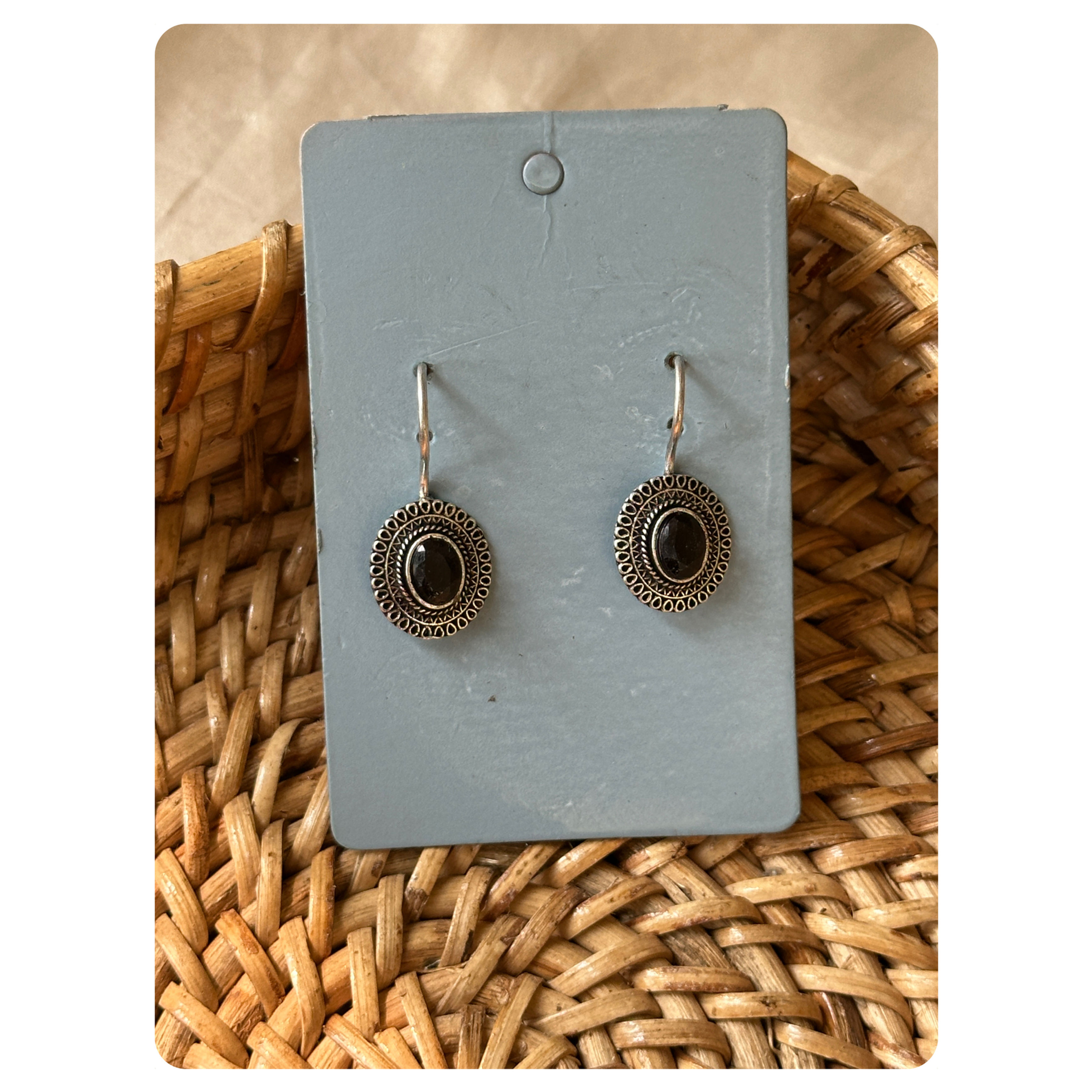 Silver Toned Black Oval Stone Hook Earring