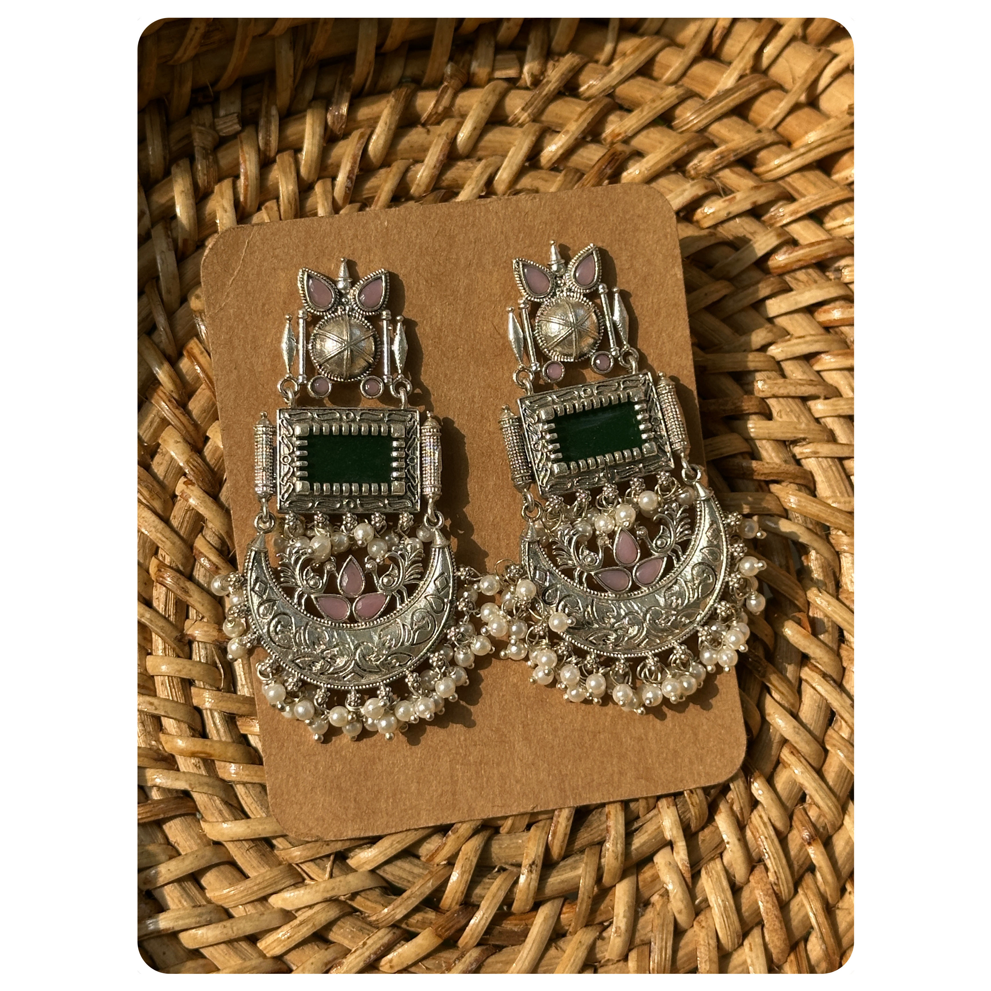 Silver Oxidised Green and Pink Stone Chandbalis