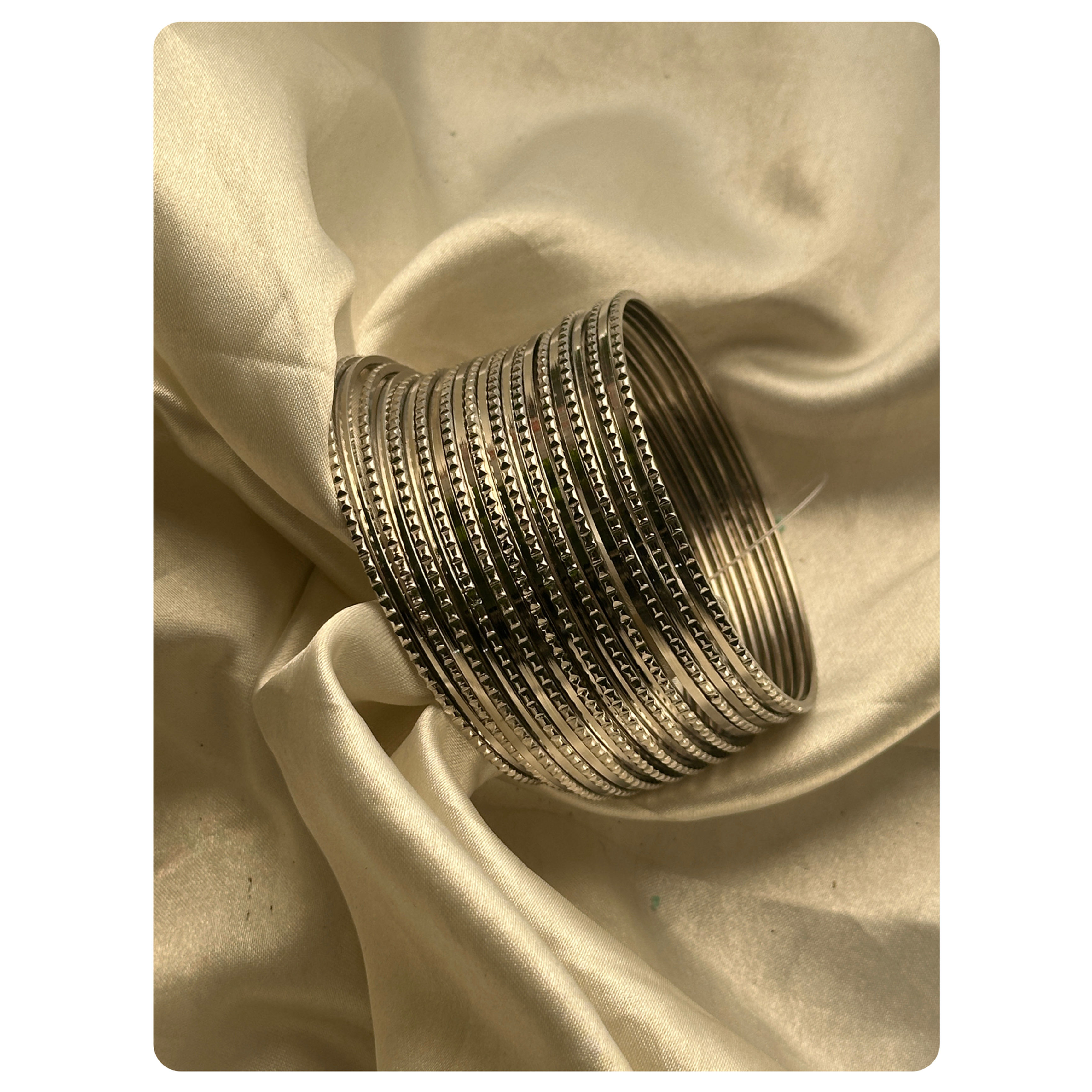 Silver Toned Plain and Striped Bangle Set (23 pieces) Size- 2.4