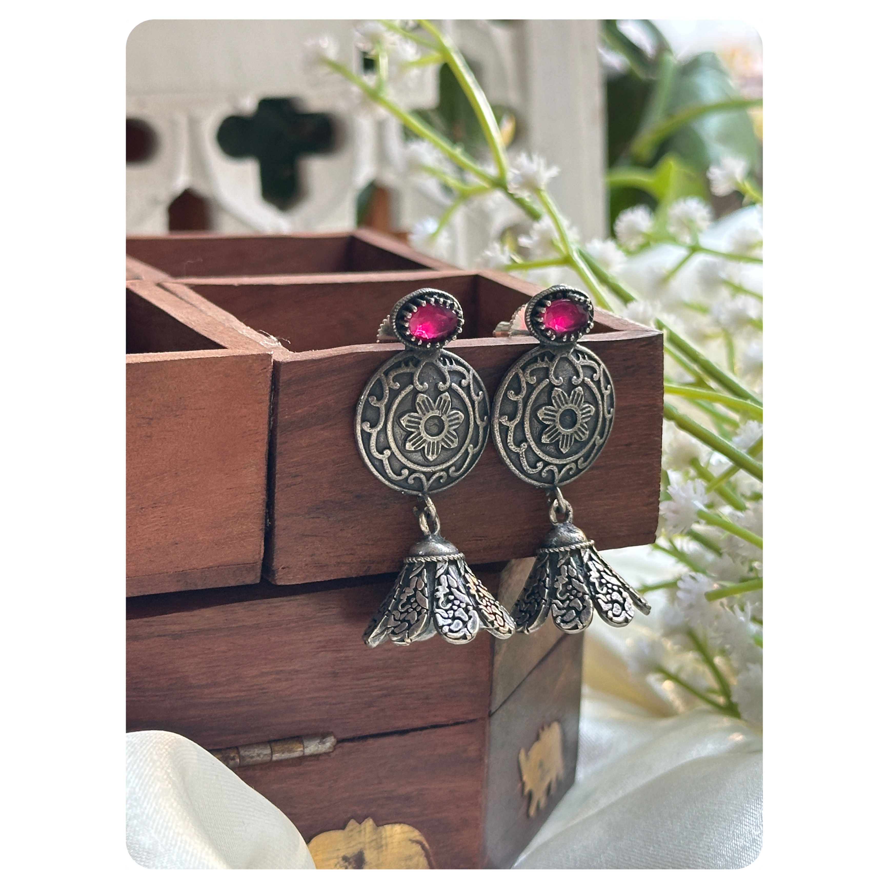 Silver Oxidised Green Stone Petal Jhumkas