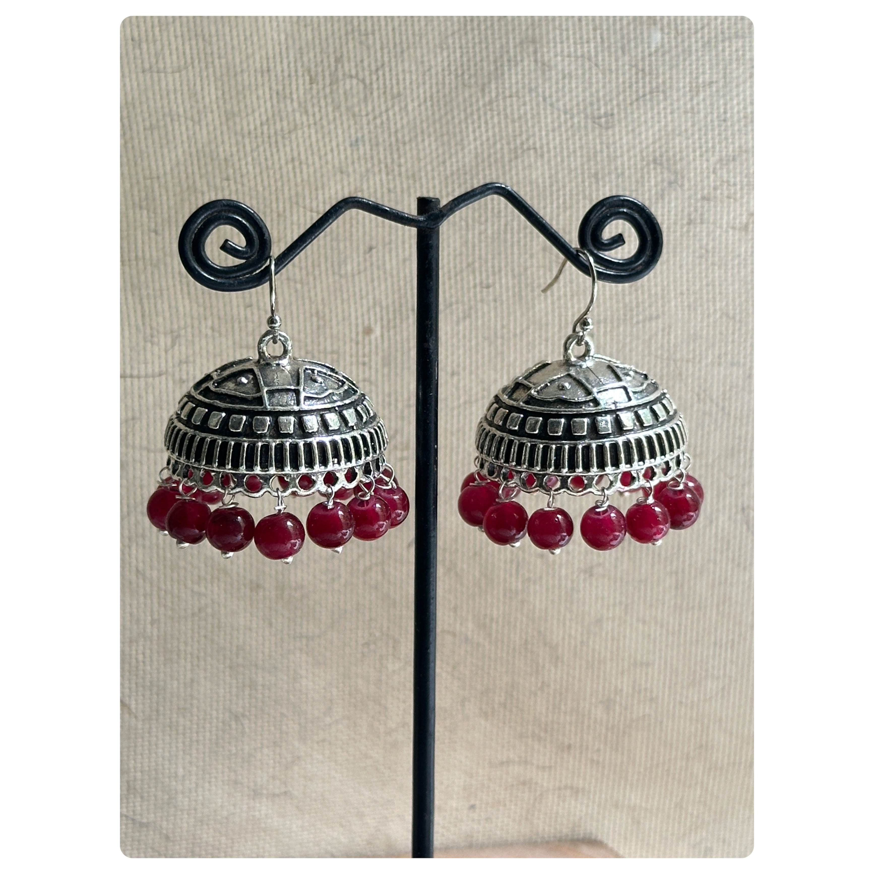 Silver Toned Maroon Beaded Medium Jhumkas