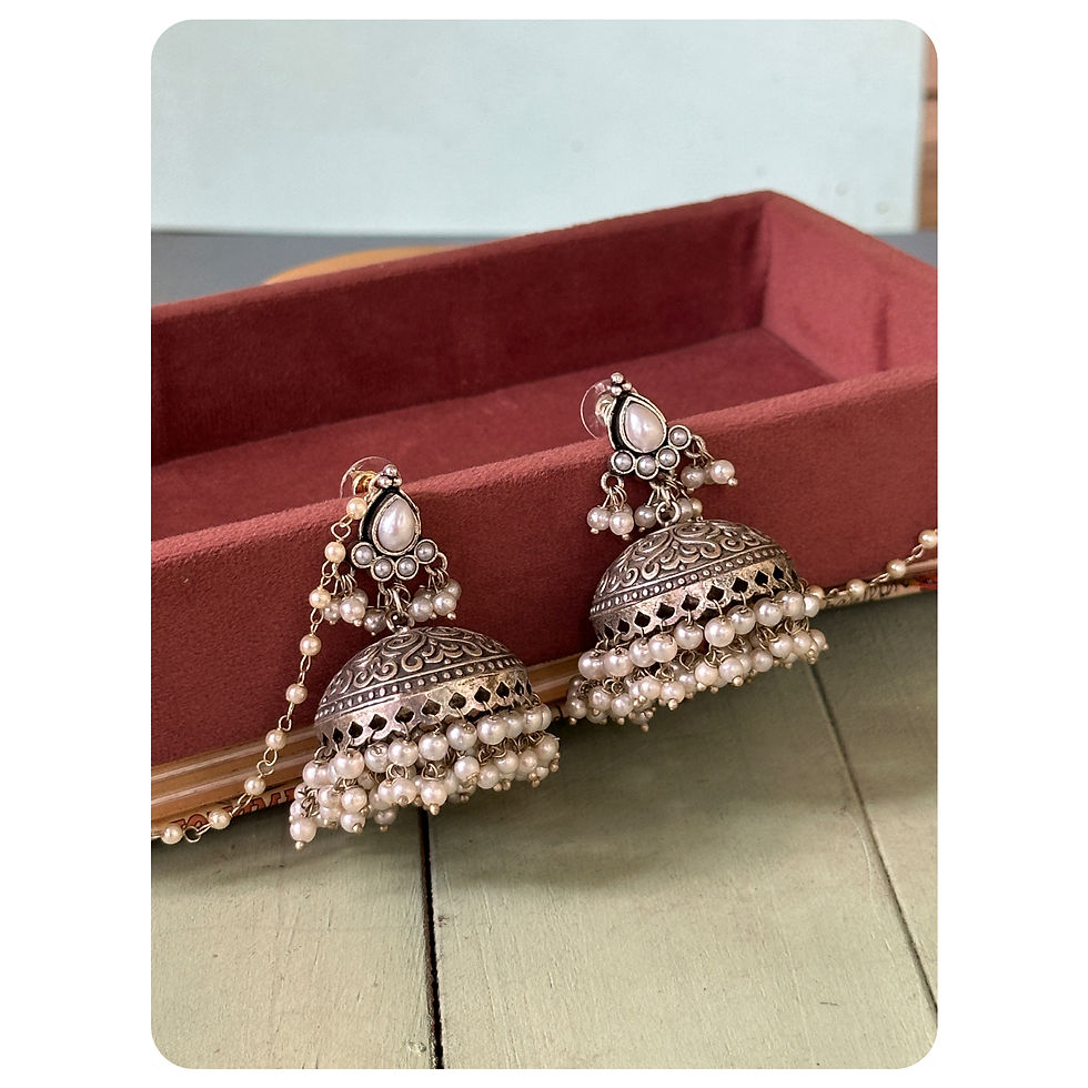 Thumbnail: Silver Oxidised Pearl Layered Hairchain Jhumka