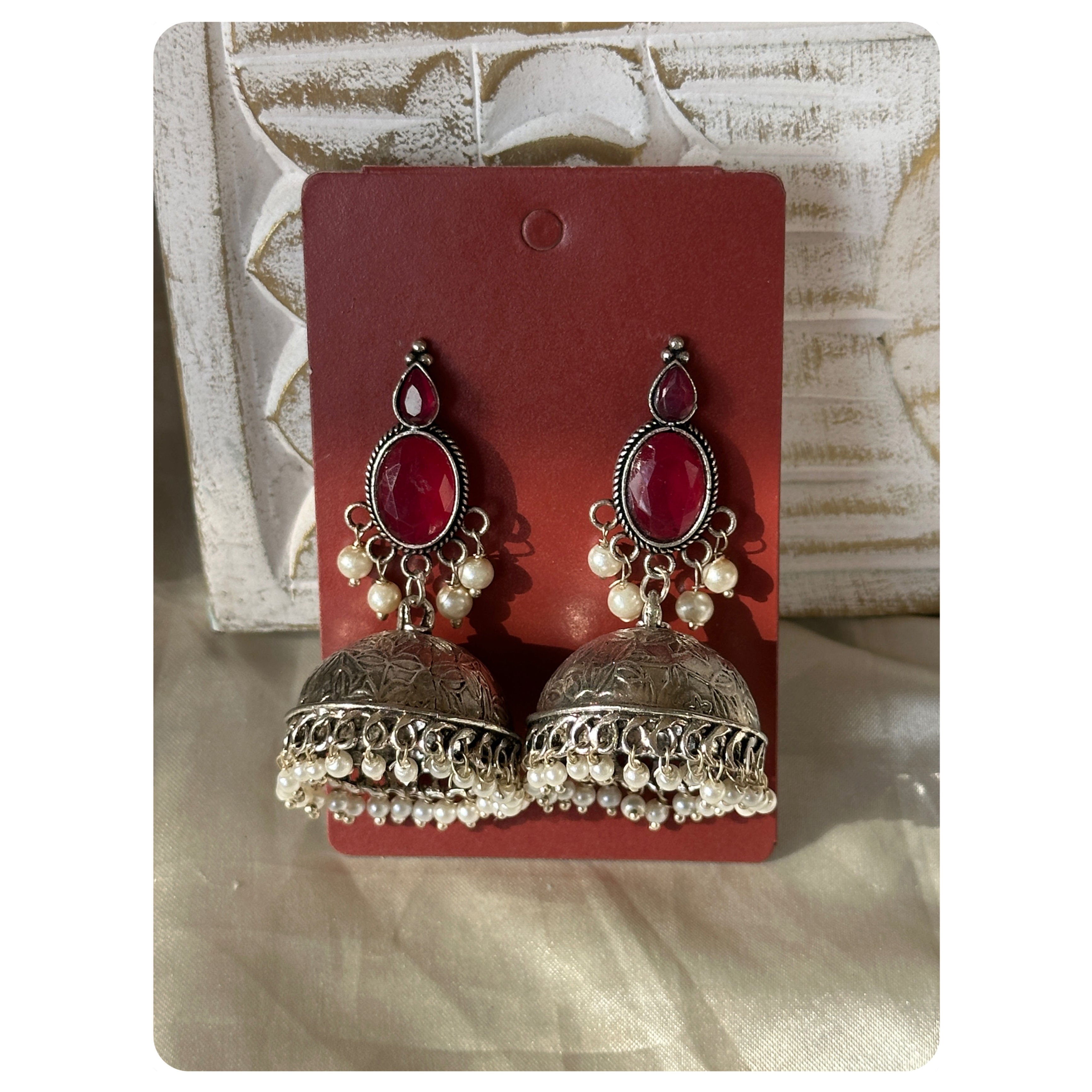 Silver Toned Dark Pink Stone Oval Stud Jhumka