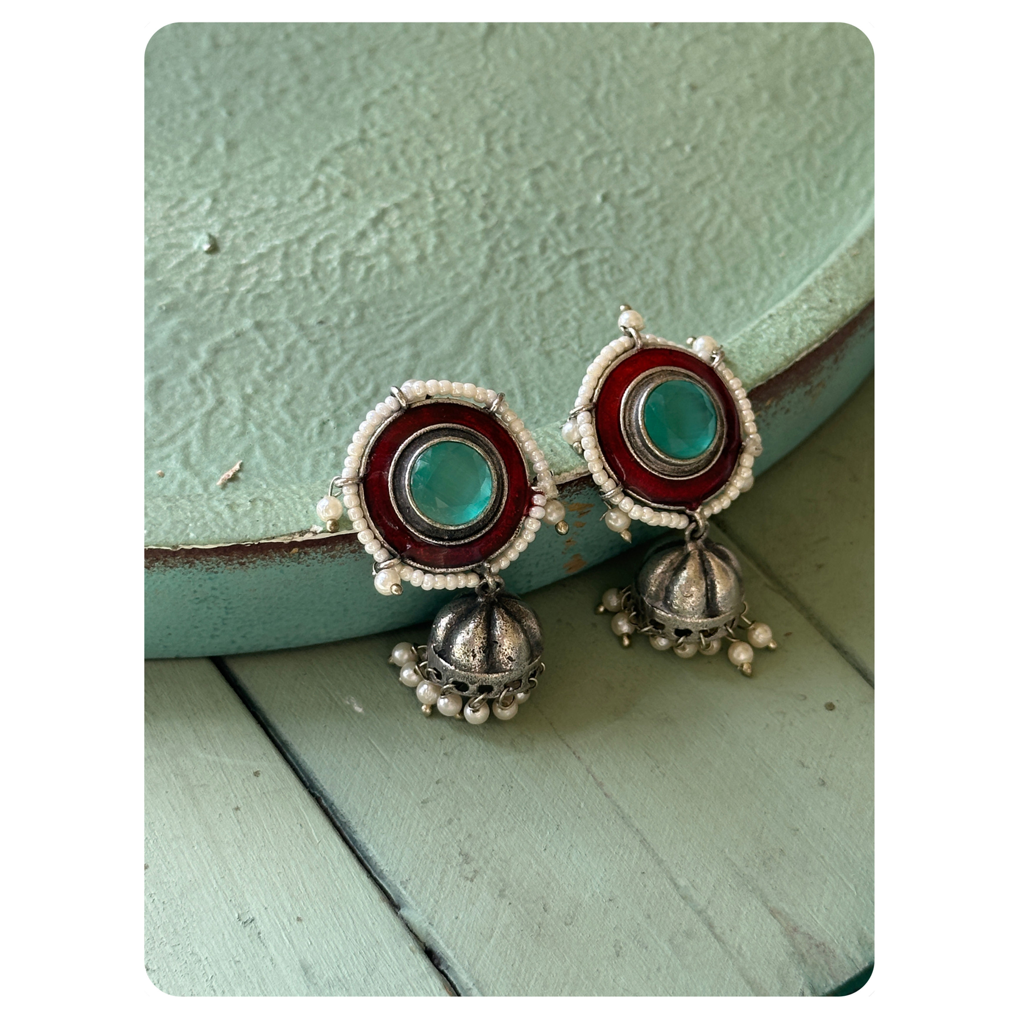 Silver Oxidised Mint Stone and Red Enamelled Jhumka