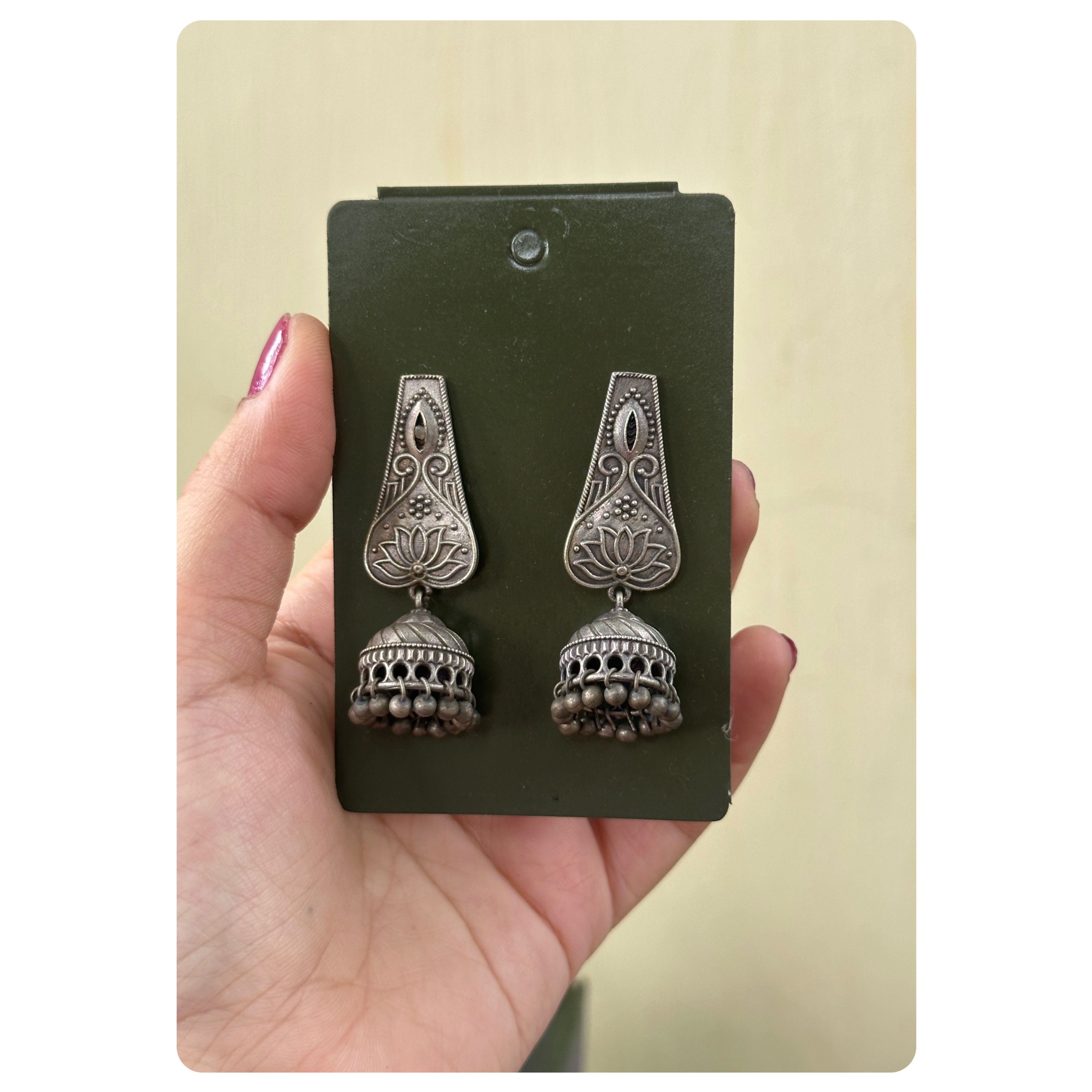 Silver Oxidised Lotus Motif Engraved Jhumka