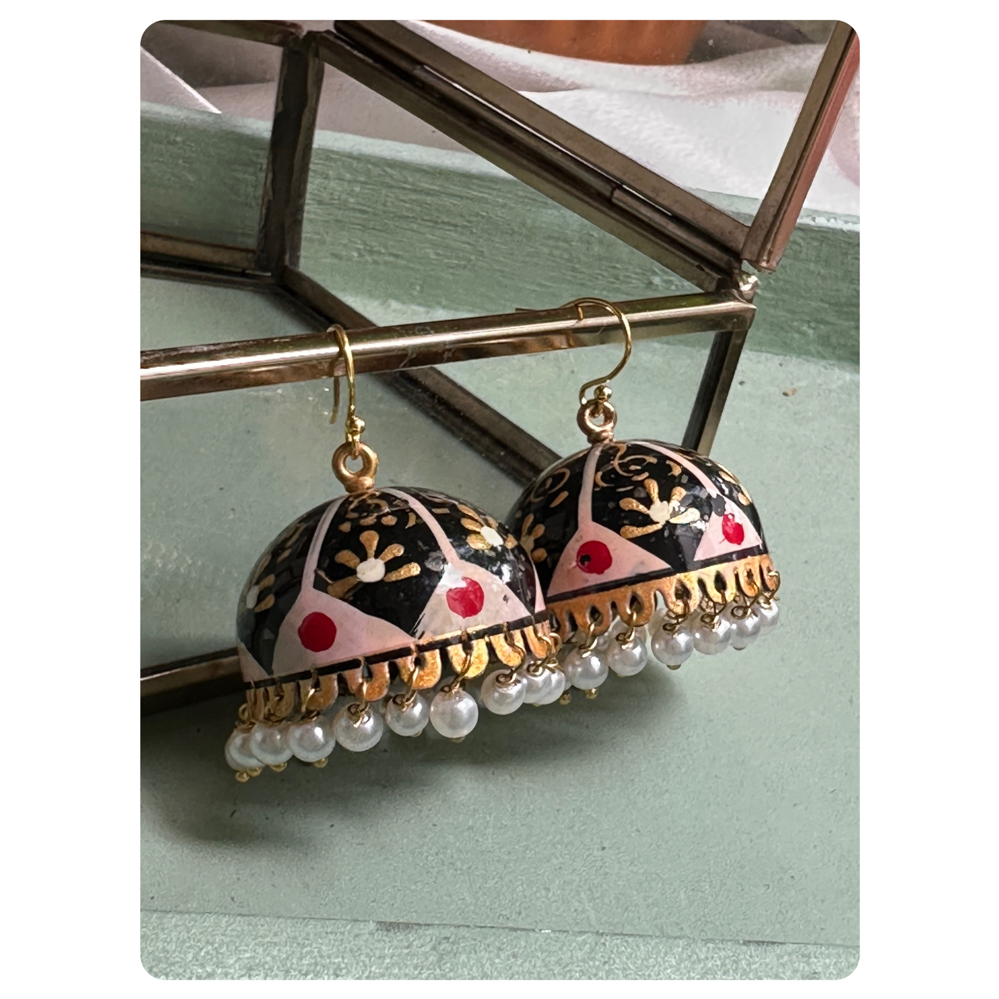 Gold Toned Black and Peach Enamelled Pearl Jhumka