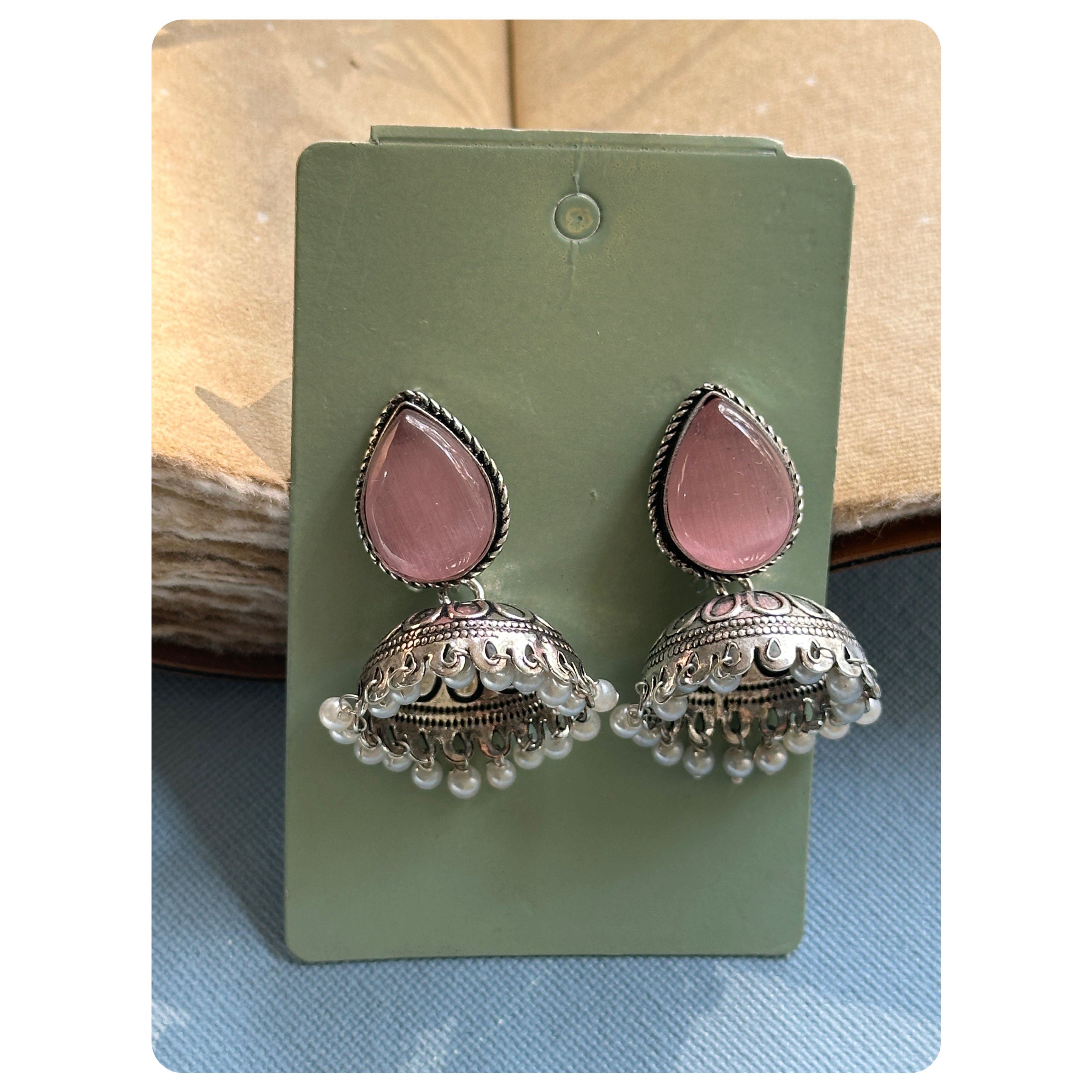 Silver Toned Baby Pink Tear Drop Stud Jhumkas 