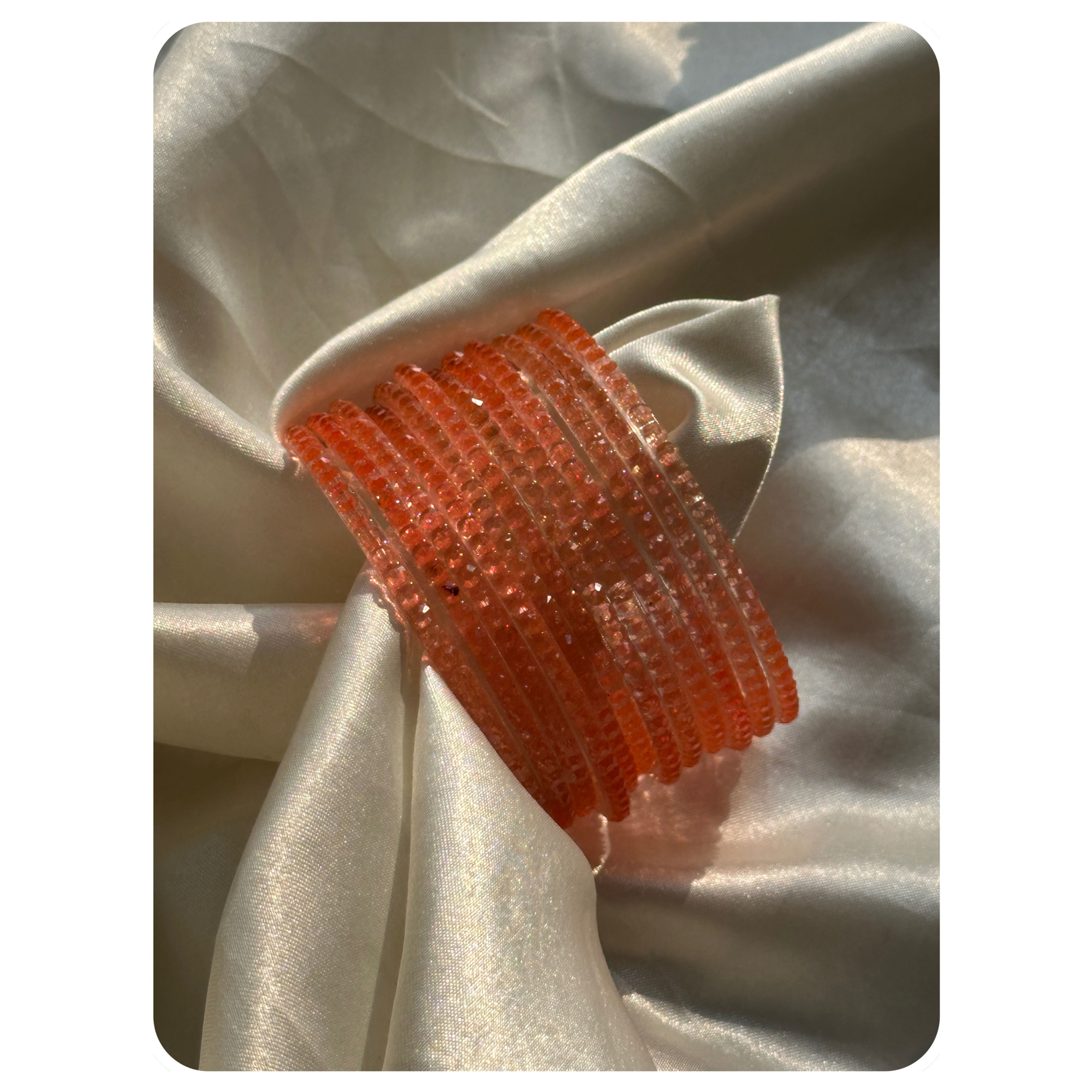 Peach Crystal Embellished Glass Bangle Set (12 pieces) Size- 2.10