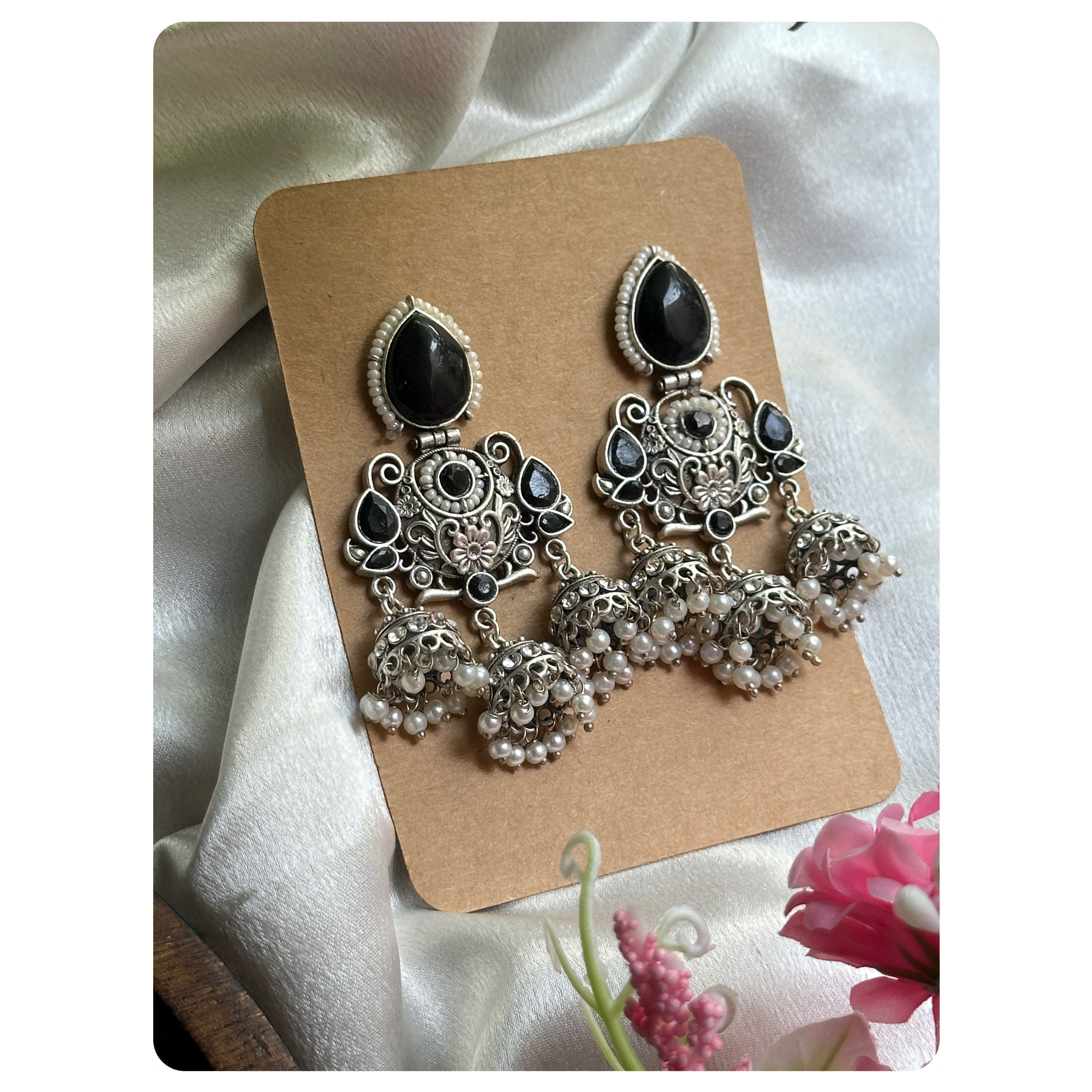 Silver Oxidised Black Mona Lisa Stone Triple Jhumkas