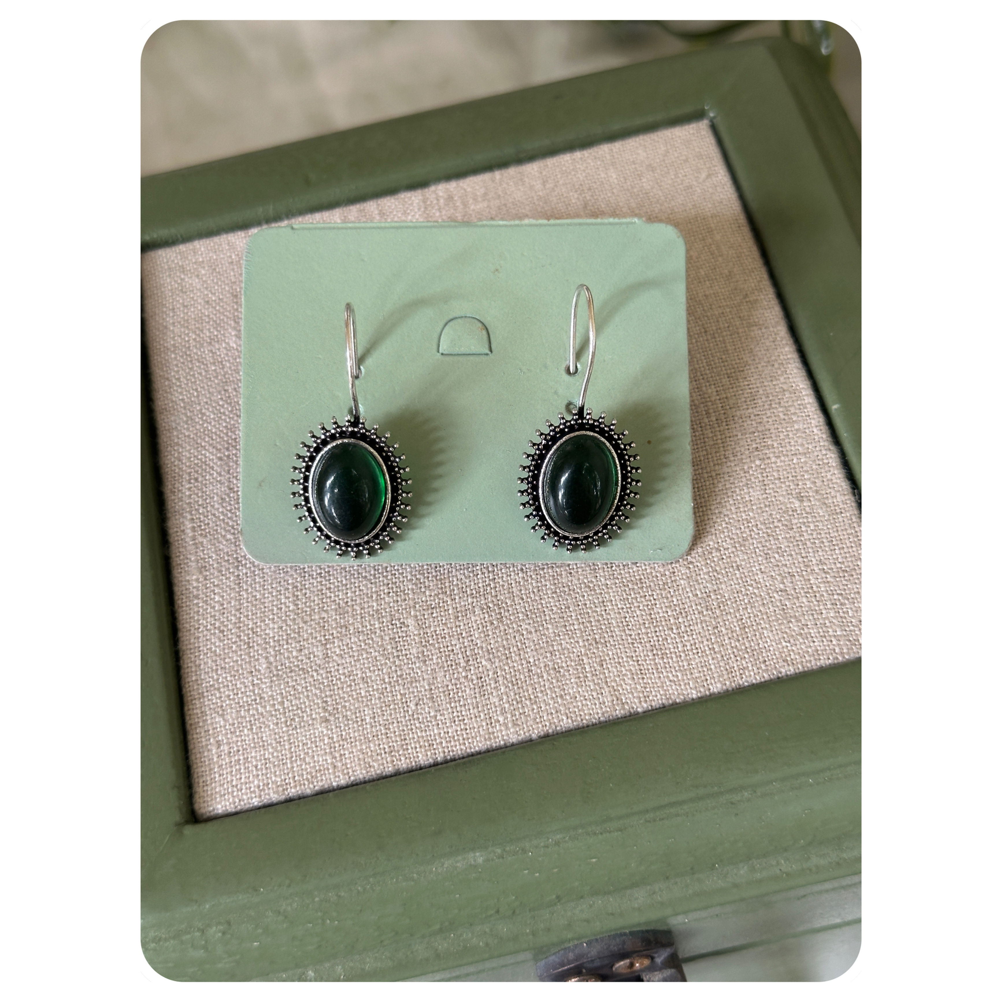 Silver Toned Green Stone Oval Hook Earring