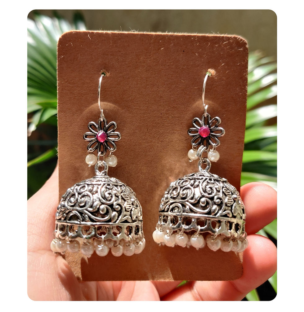 Silver Toned Pink Stone Floral Jhumkas