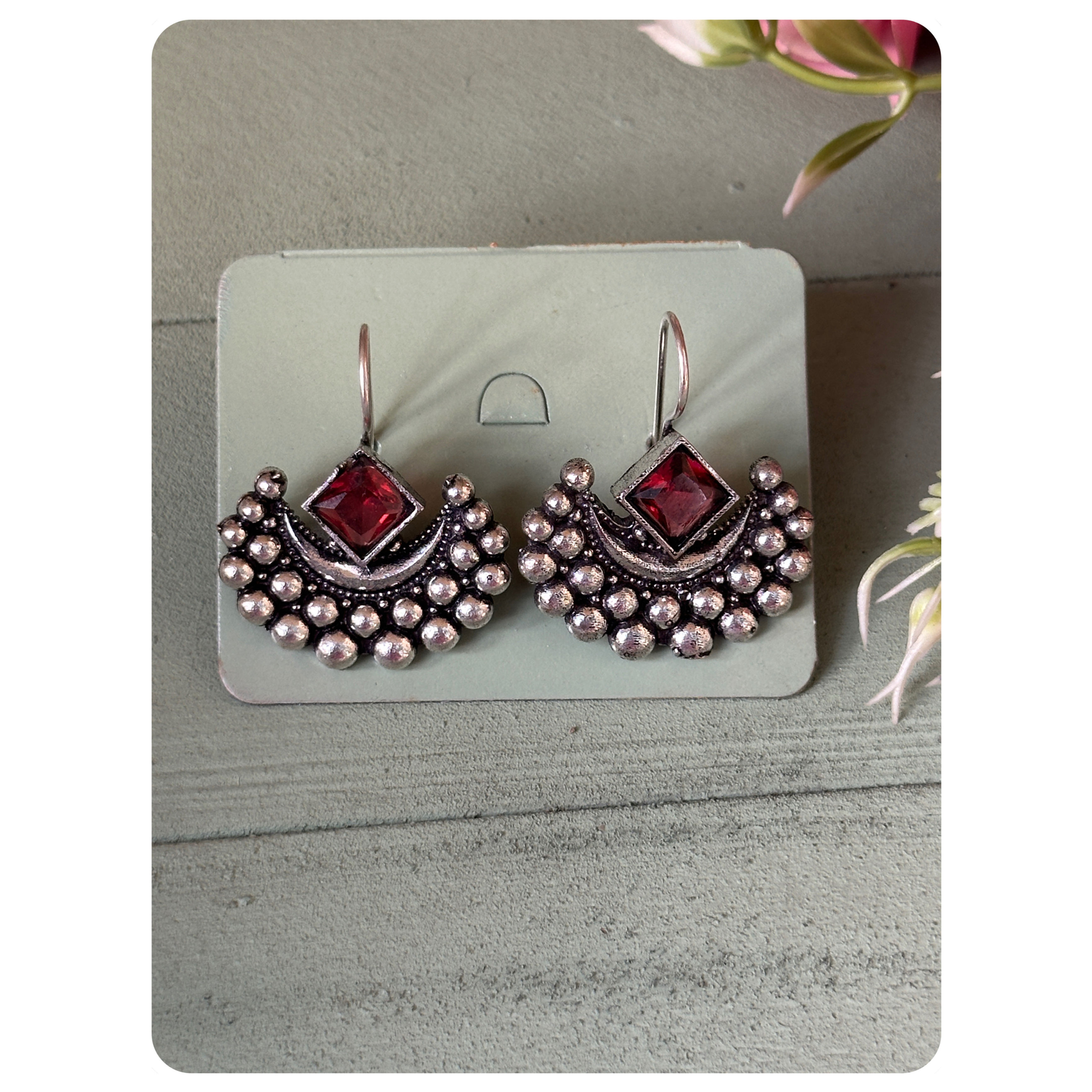 Silver Toned Ruby Stone Cresent Hook Earrings