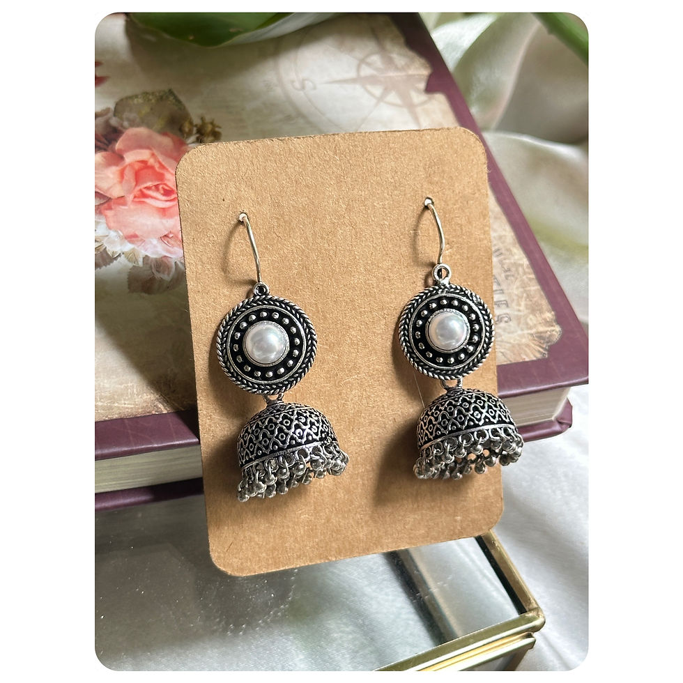 Silver Toned White Pearl Stone Embellished Hook Jhumka