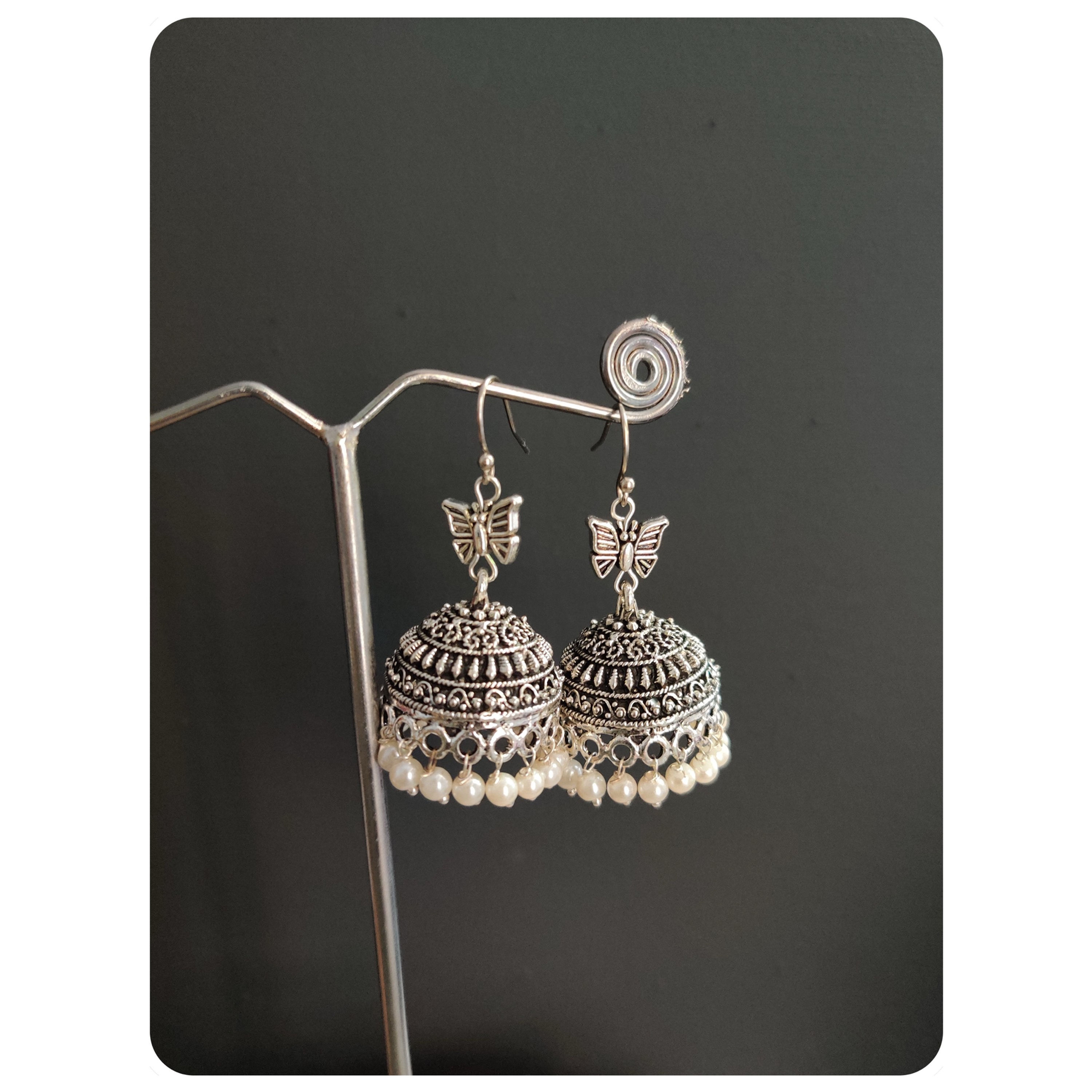 Silver Toned Butterfly Beaded Jhumka