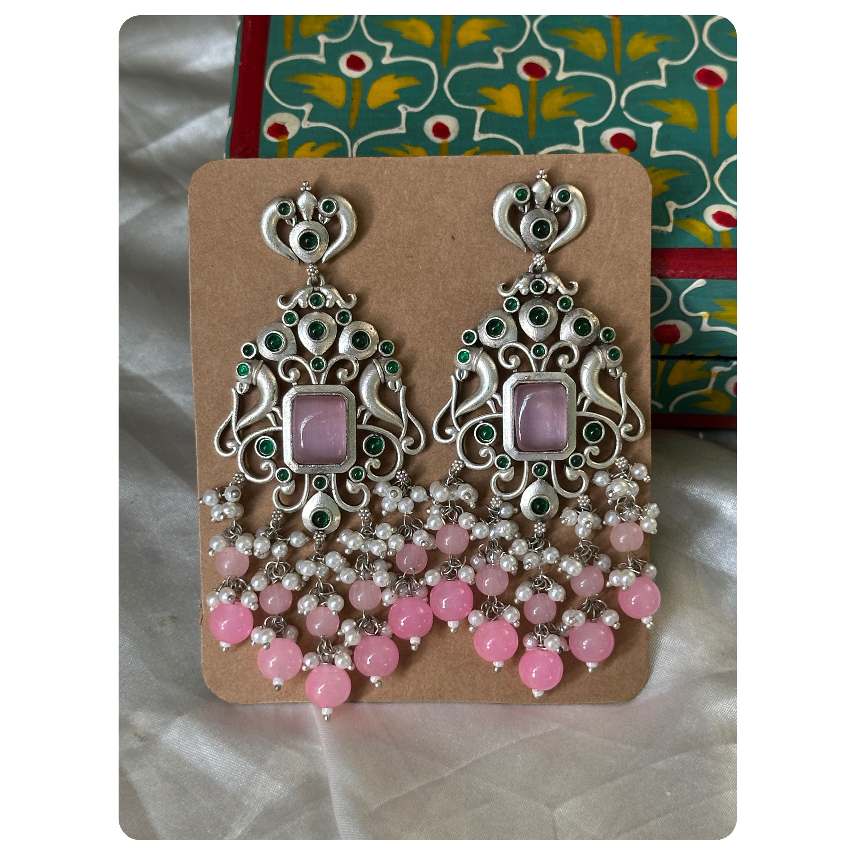 Silver Oxidised Baby Pink Beaded & Green Stone Embellished Long Layered Earring