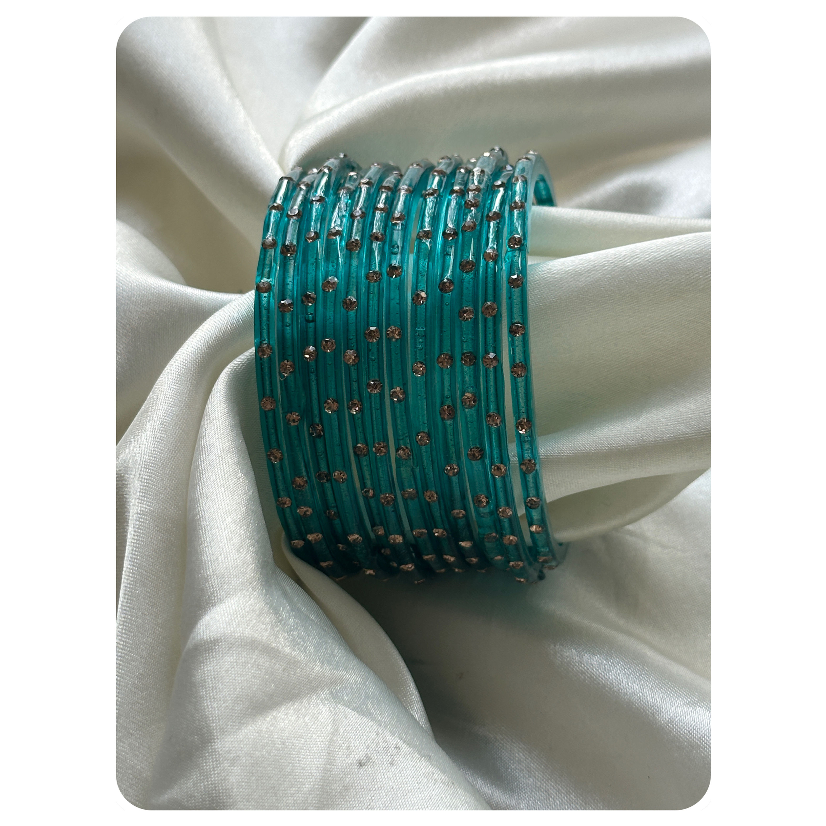 Teal Green Glass Bangle Set with Zircon Embellishments (12 pieces) Size- 2.8