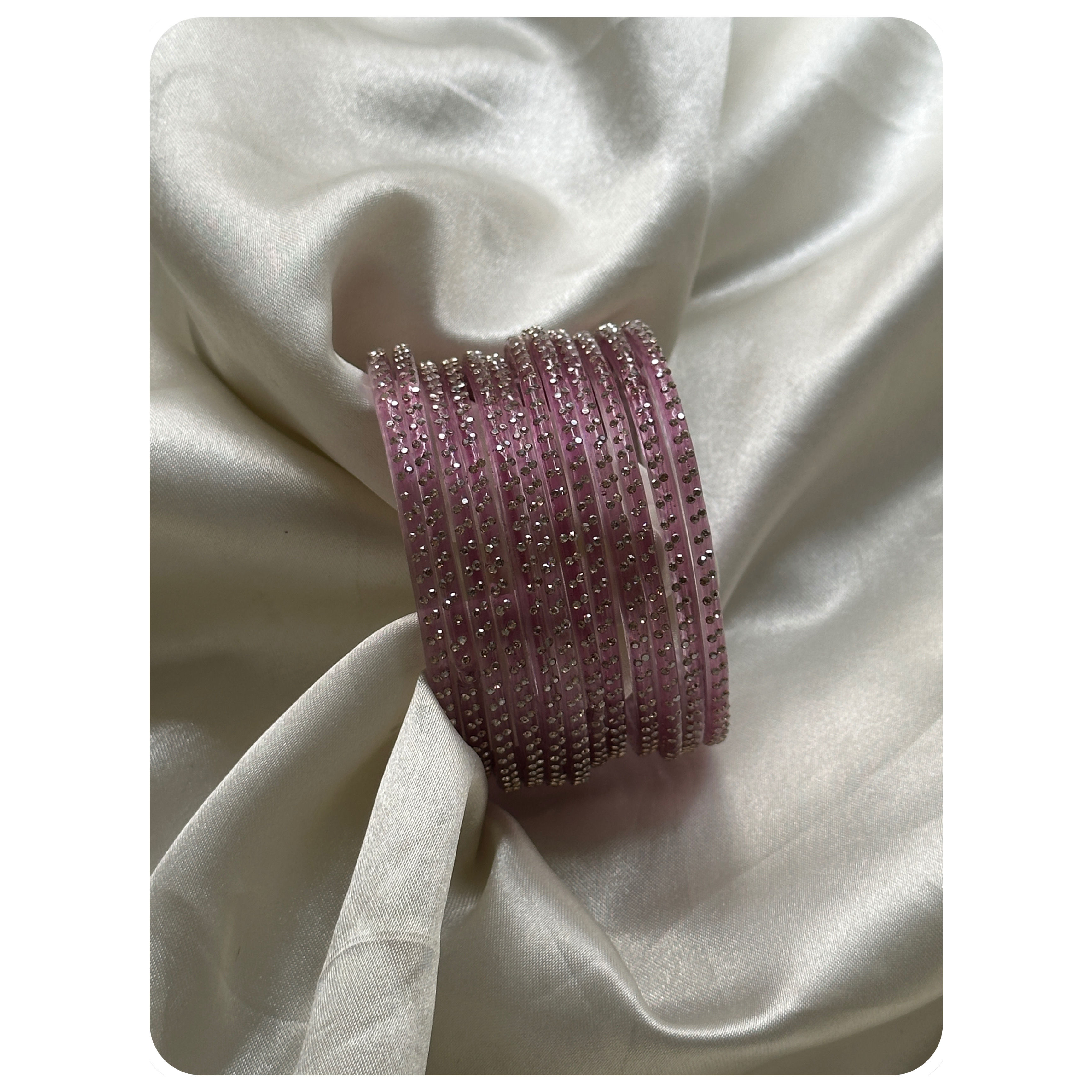 Lavender Glass Bangle Set with White Stone Embellishments (12 pieces) Size-2.8