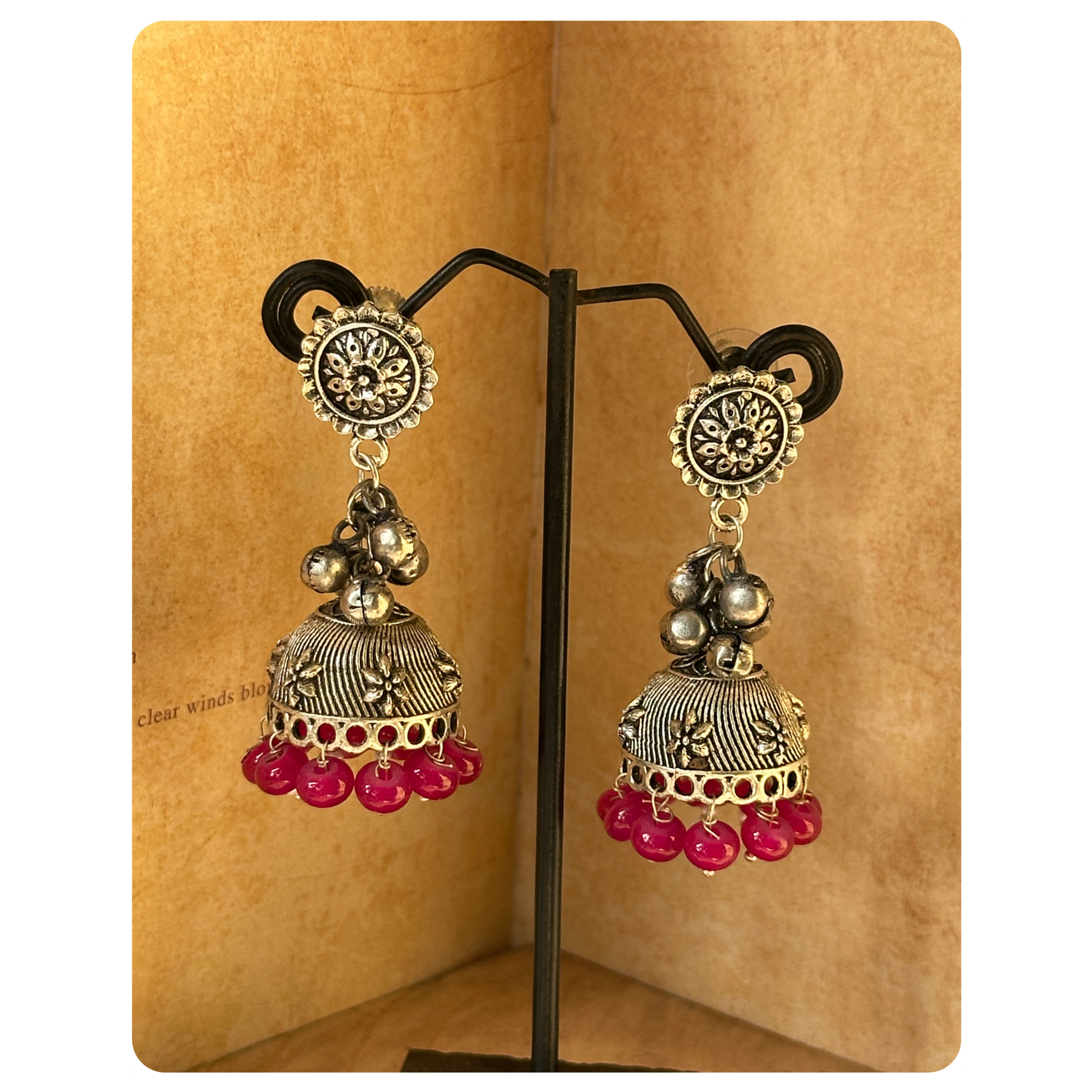 Silver Toned Fushia Pink Beaded Ghungroo Jhumka
