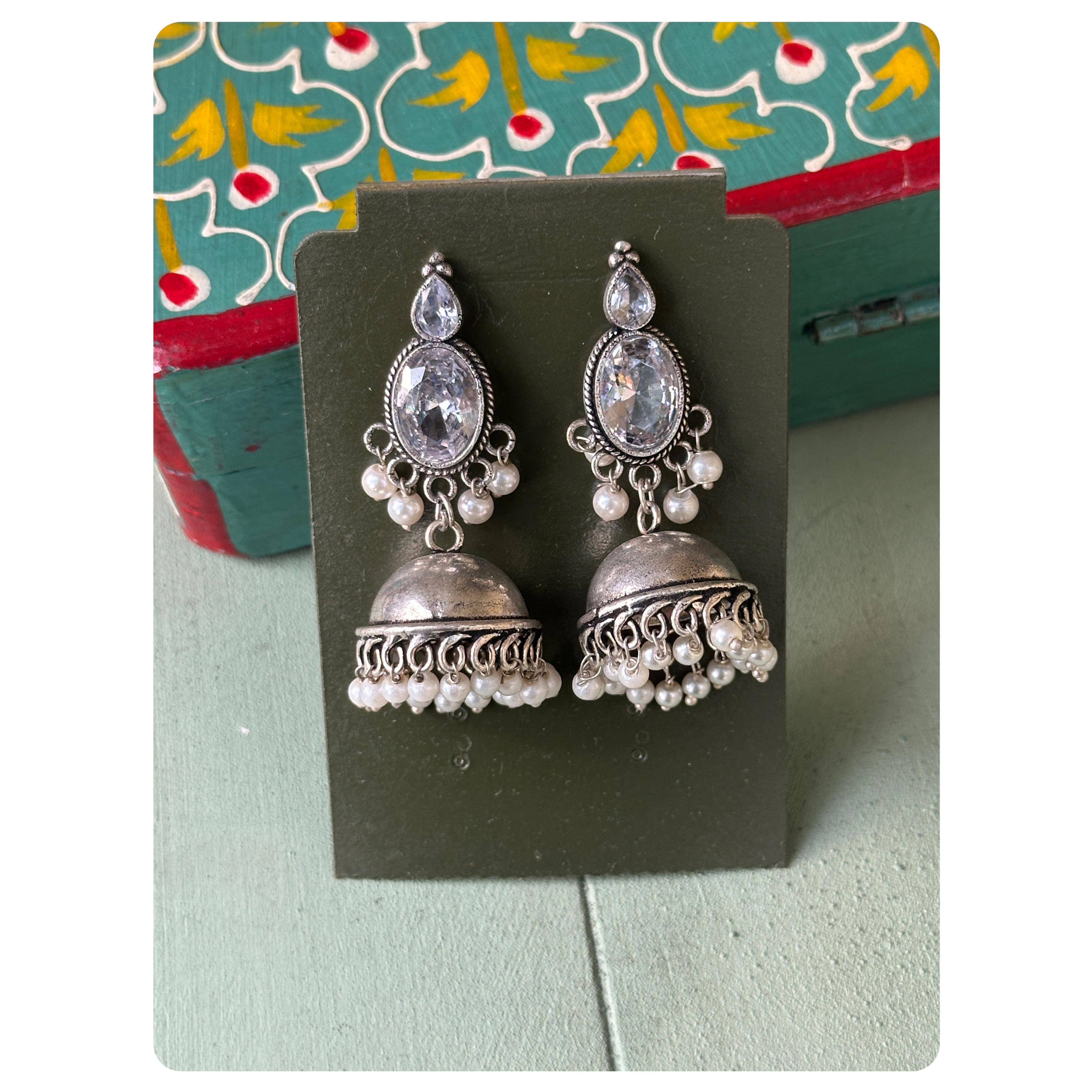 Silver Toned White Stone Stud Jhumka