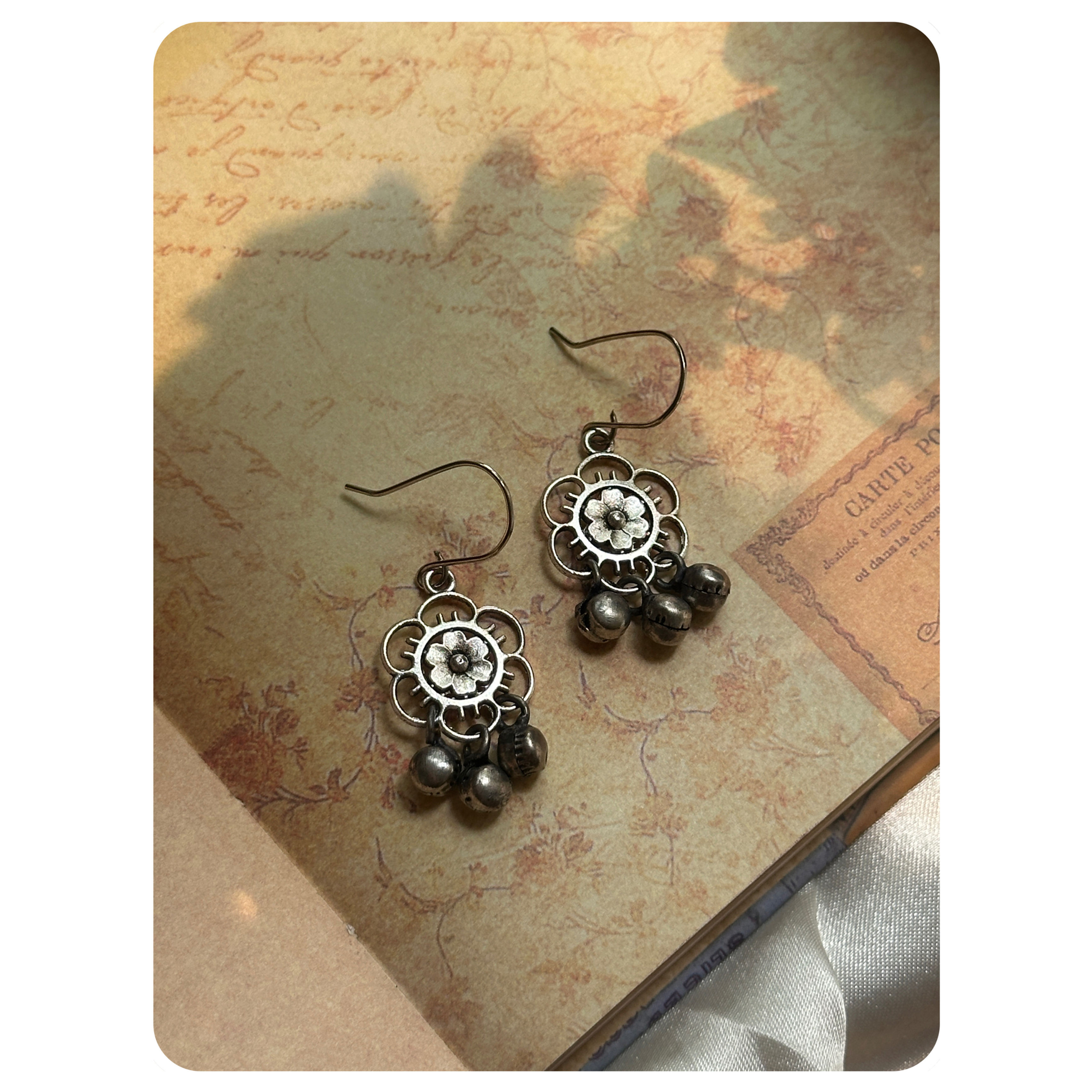 Silver Toned Floral Ghungroo Earrings