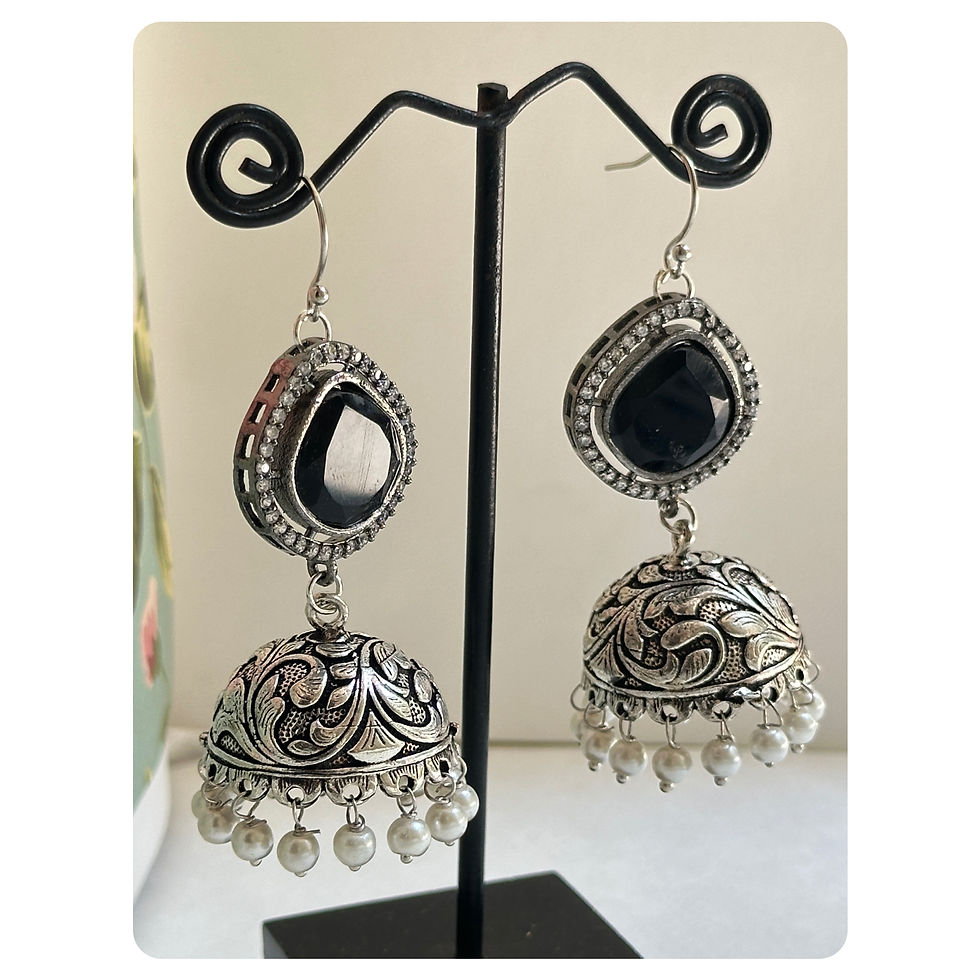 Silver Toned Black Stone Motif Pearl Jhumkas