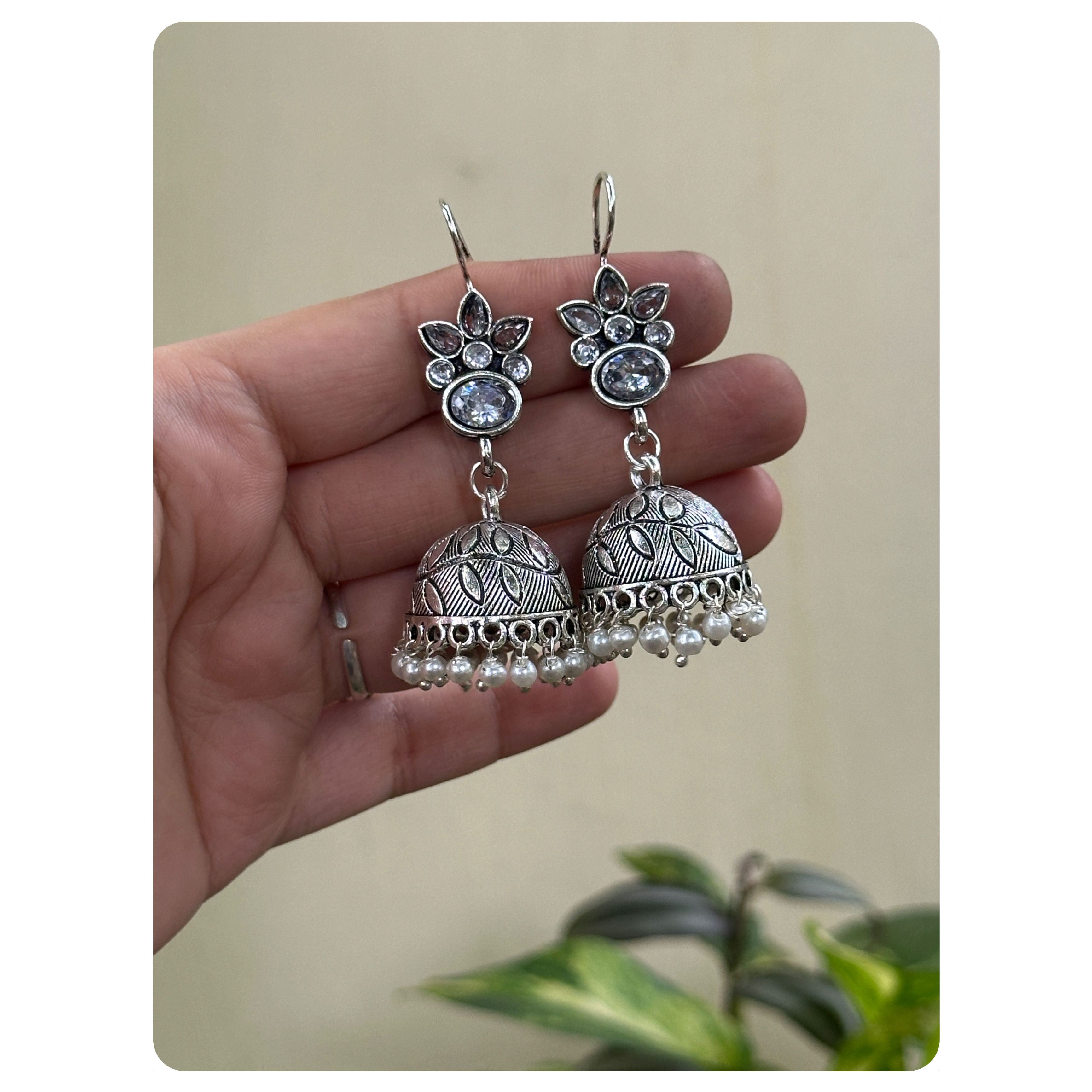 Silver Toned White Stone Embellished Hook Jhumka