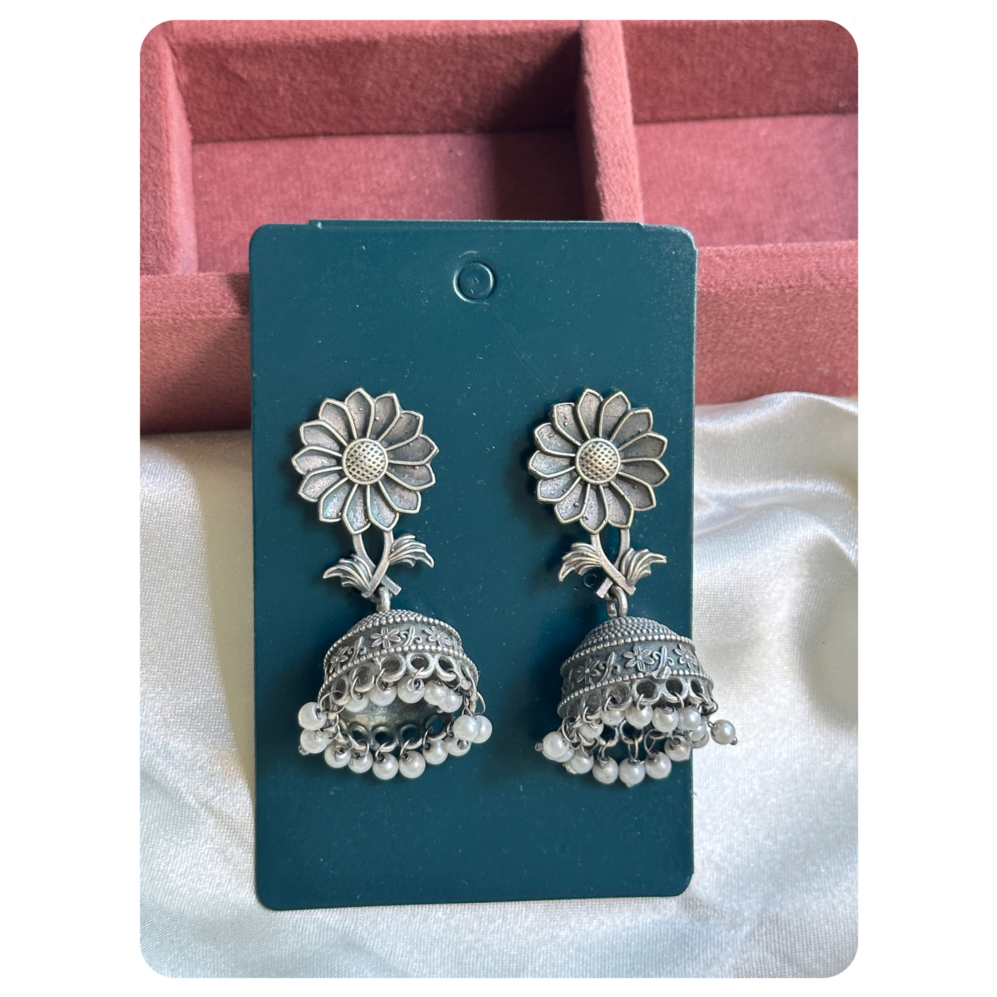 Silver Oxidised Floral Studded Pearl Jhumkas