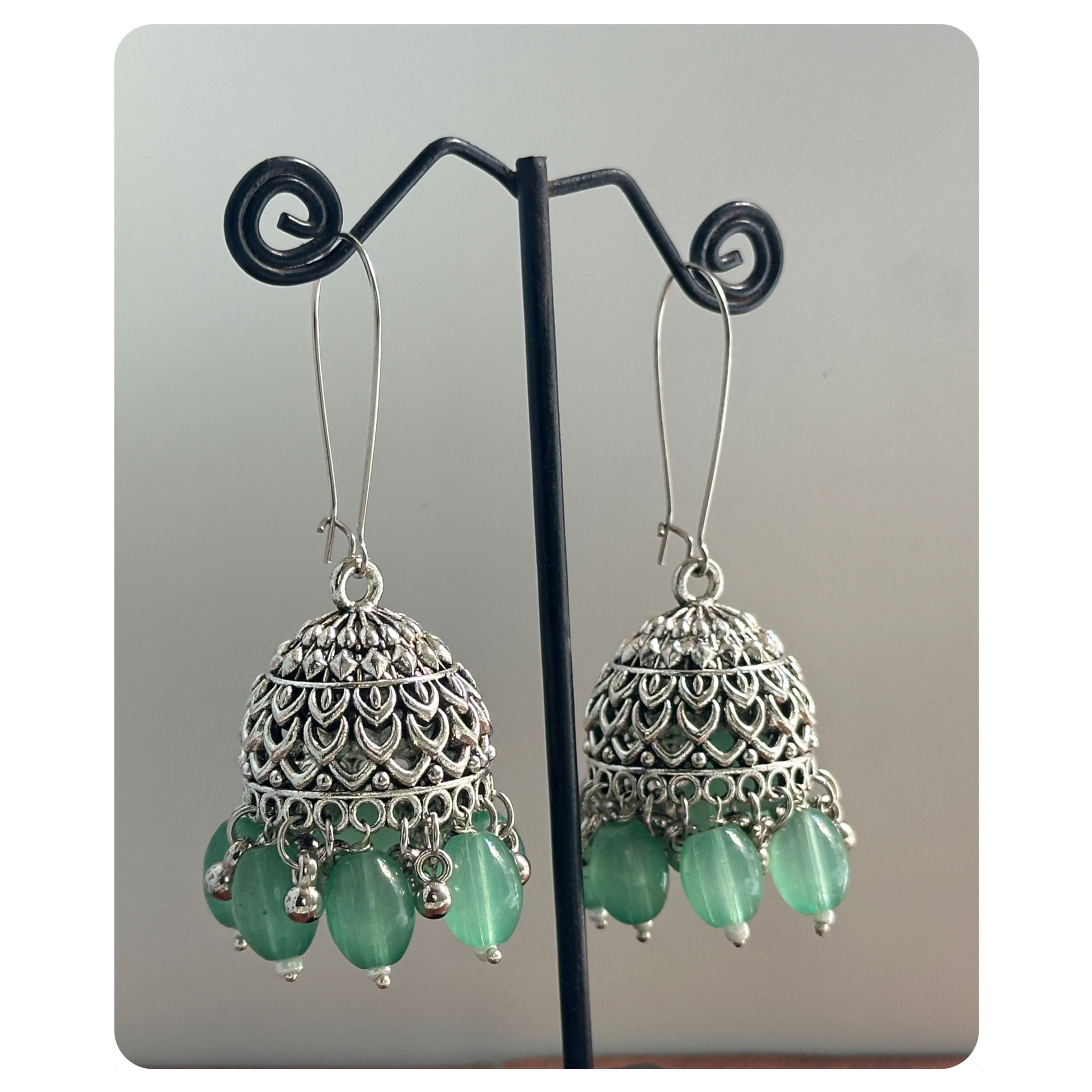 Silver Toned Mint Beaded Long Hook Jhumka 