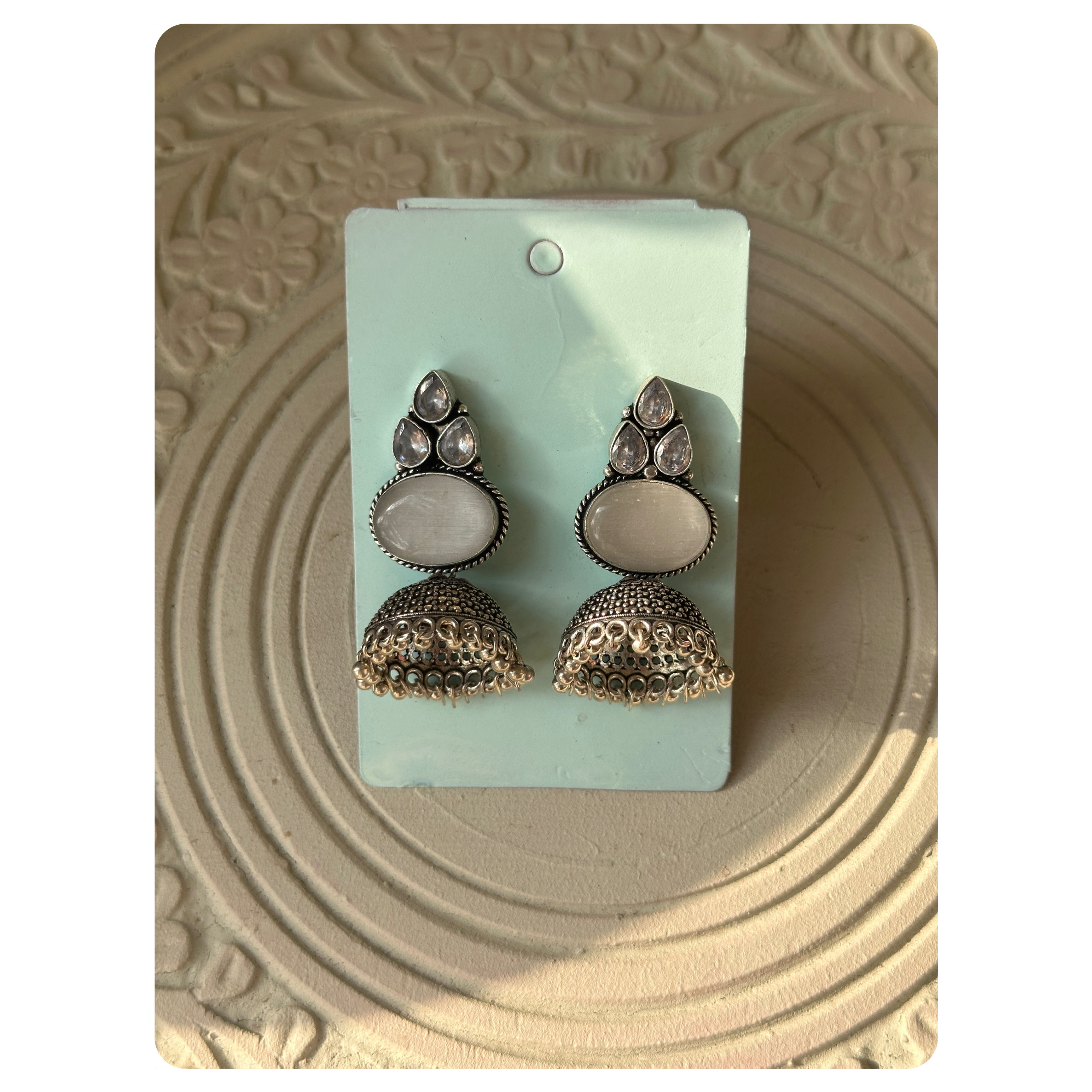 Silver Toned Grey Stone Jhumka