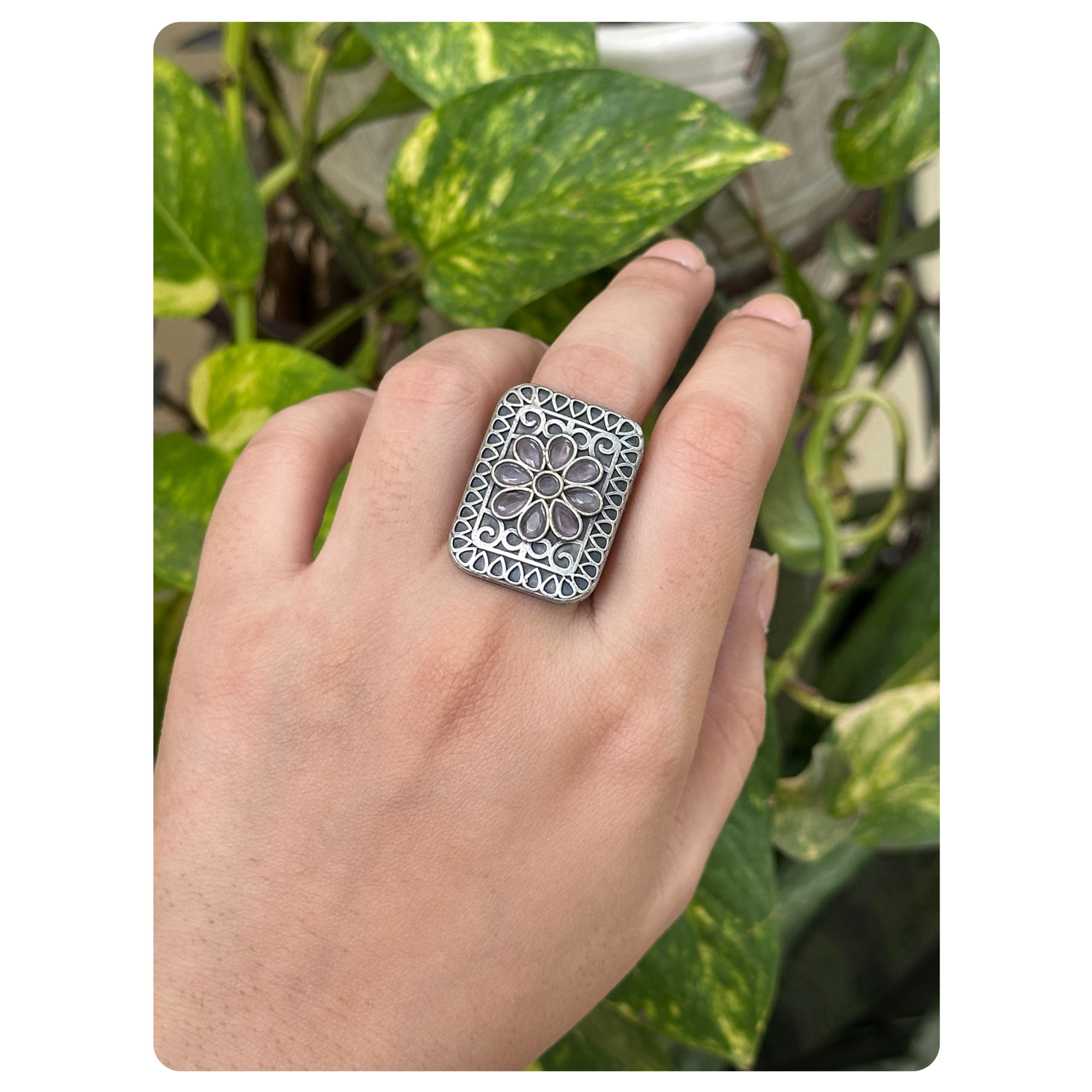 Silver Oxidised Baby Pink Stone Ring