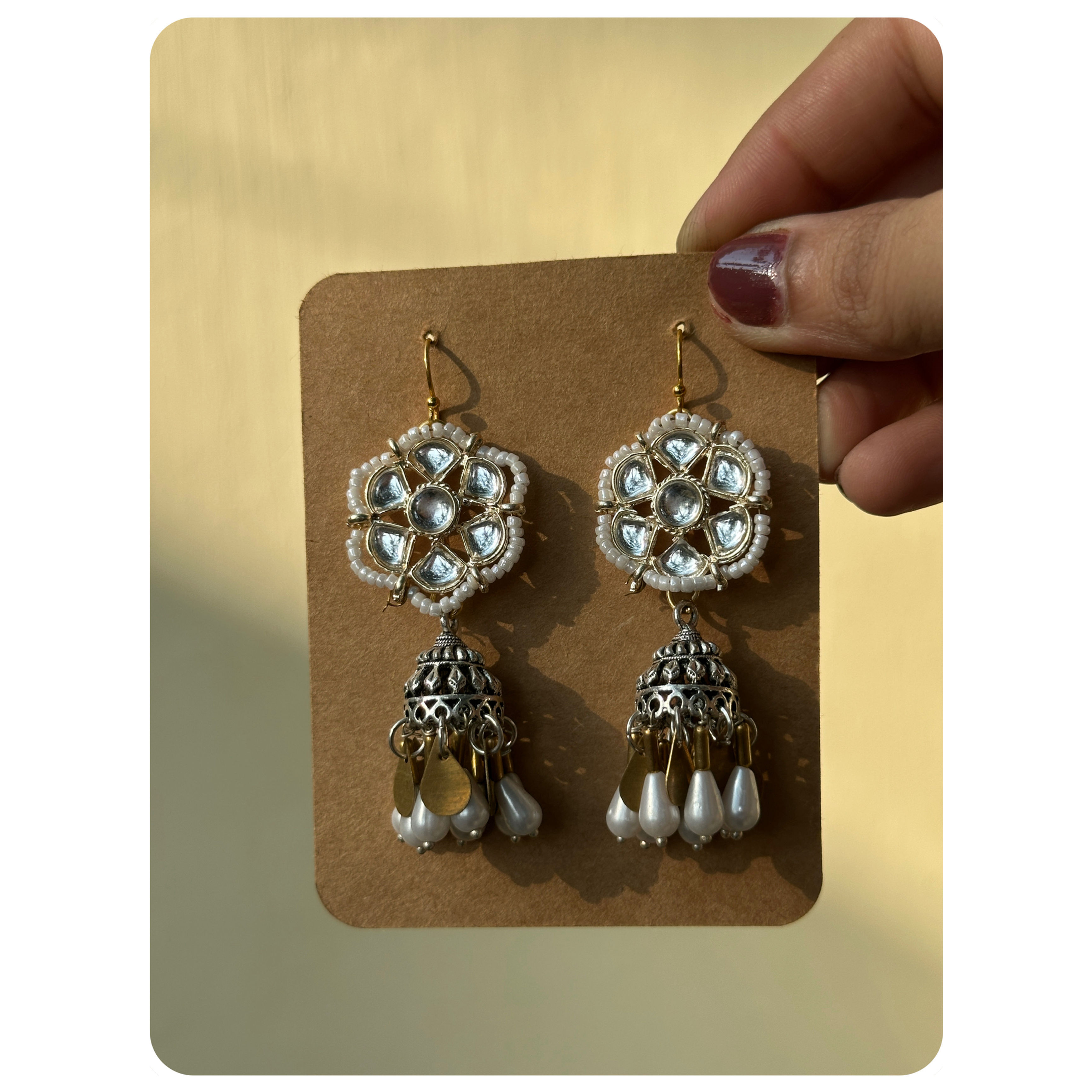 Dual Toned Floral Kundan Motif Pearl Jhumka