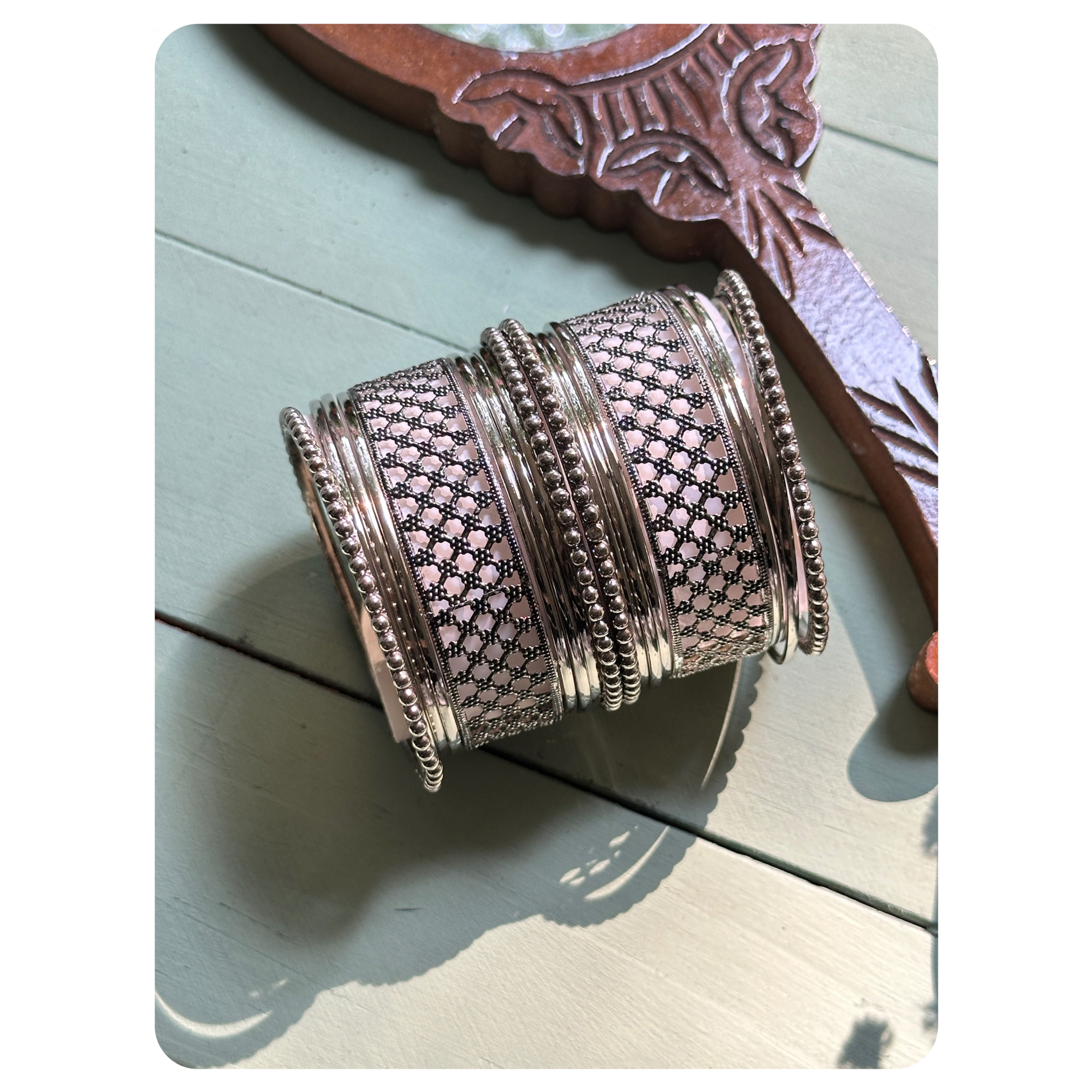 Silver Toned Mesh Bangle Set (18 pieces) Size- 2.6