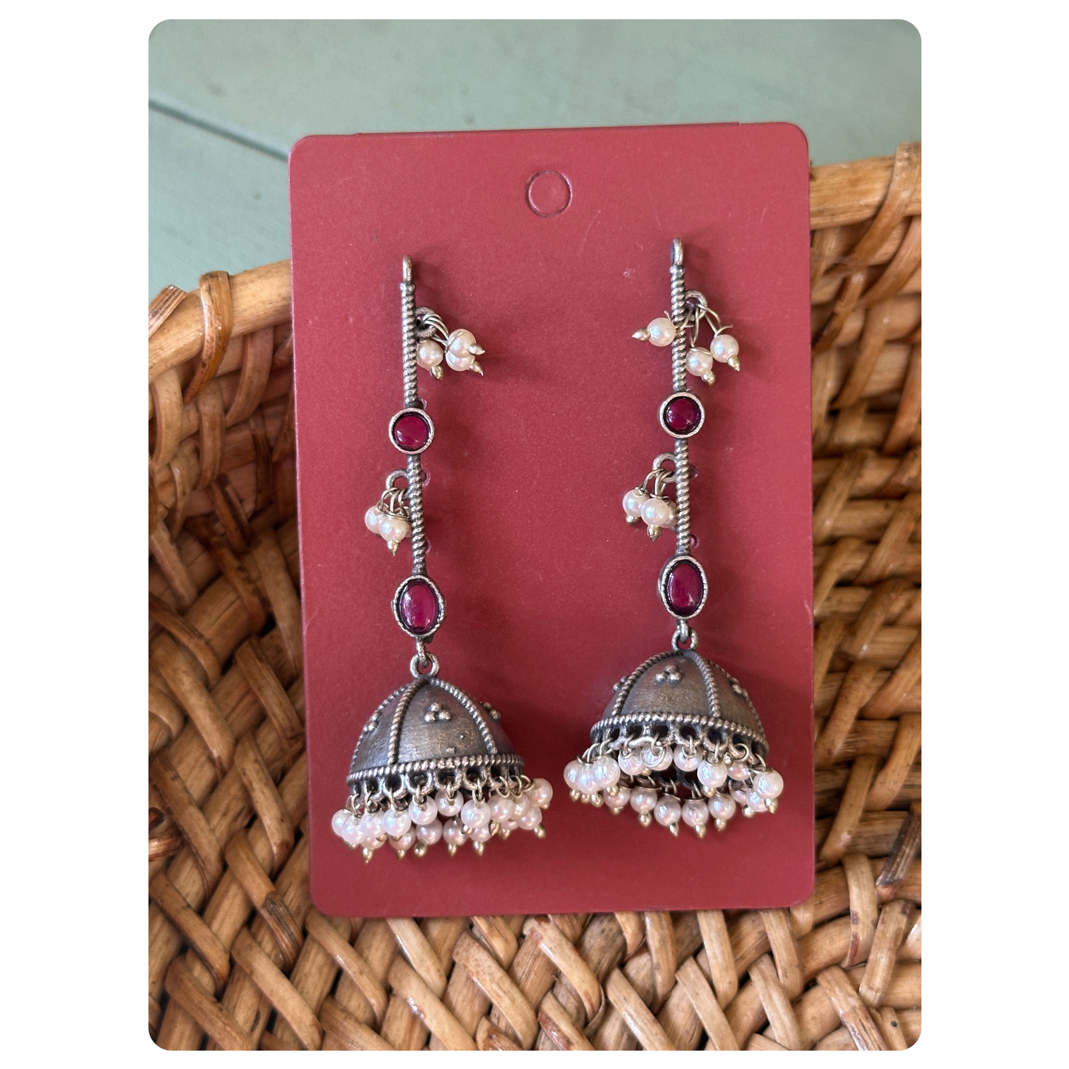 Silver Oxidised Dark Pink Long Jhumka