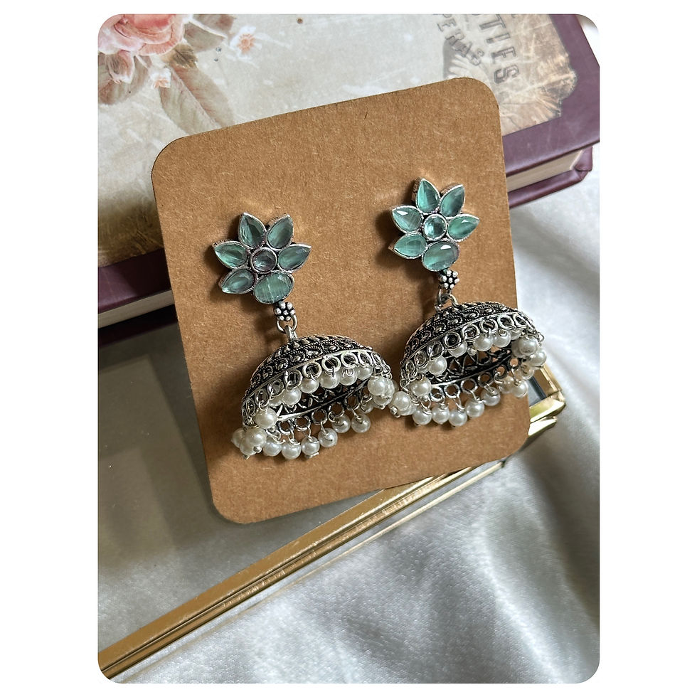 Silver Toned Mint Stone Floral Jhumkas