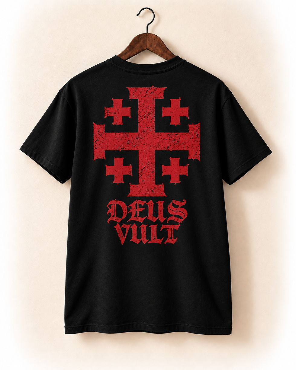 Crusader Athletic Tee, back view with red Deus Vult cross design
